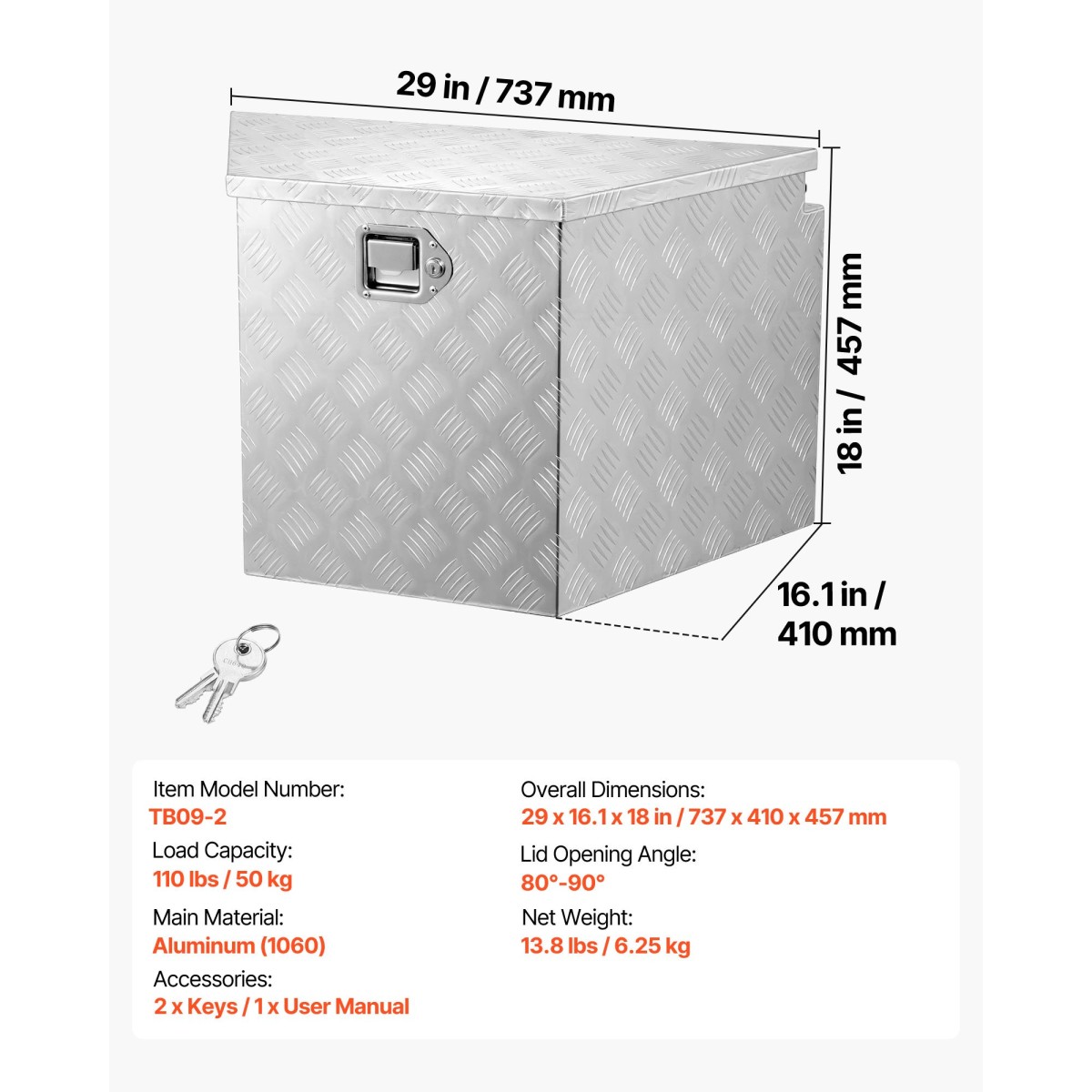 VEVOR Trailer Tongue Box, 737 x 410 x 457 mm Αλουμινένιο κουτί εργαλείων ρυμουλκούμενου, Ατζέντα αποθήκευσης βαρέως τύπου με κλειδαριά και κλειδιά, βοηθητικό κιβώτιο εργαλείων για κρεβάτι Pickup Truck, RV, SUV, όχημα εκτός δρόμου, Ασημί