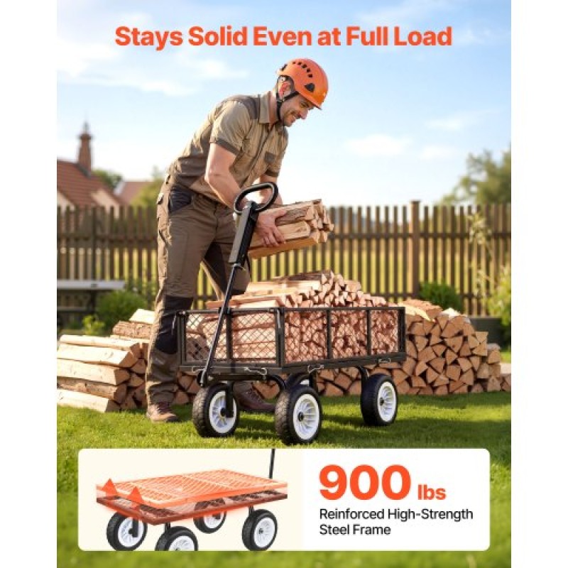 VEVOR Garden Cart, 408,2 kg, Heavy Duty Steel Yard and Garden Utility Wagon με ελαστικά 10 ιντσών, σκαμπό κήπου εξωτερικού χώρου με ρυθμιζόμενη λαβή, αποσπώμενα πλαϊνά πάνελ, προσάρτηση σε ATV ή τρακτέρ, Μαύρο