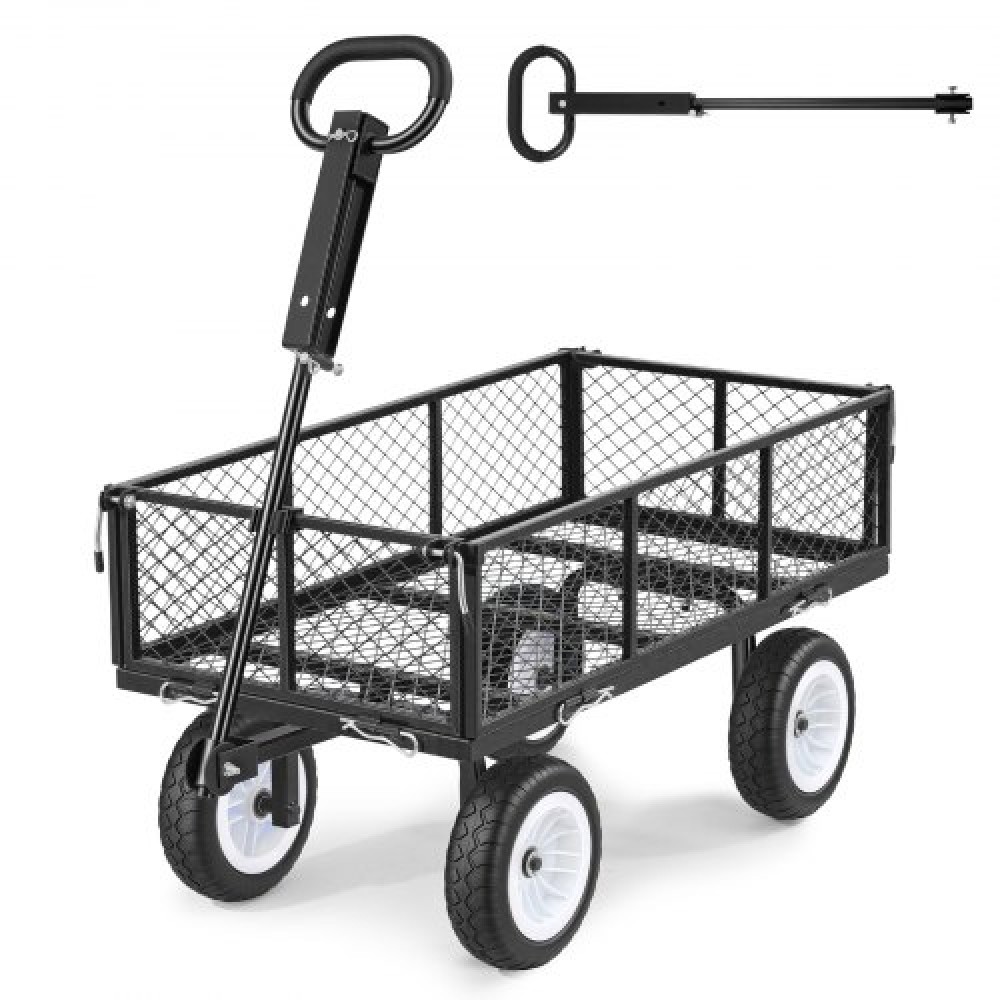 VEVOR Garden Cart, 408.2 kg, Heavy Duty Steel Yard and Garden Utility Wagon with 10-Inch Tires, Outdoor Gardening Stool with Adjustable Handle, Detachable Side Panels, Attach to ATV or Tractor, Black