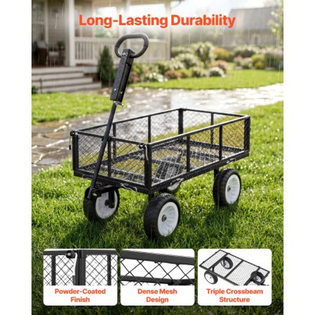 VEVOR Garden Cart, 408,2 kg, Heavy Duty Steel Yard and Garden Utility Wagon με ελαστικά 10 ιντσών, σκαμπό κήπου εξωτερικού χώρου με ρυθμιζόμενη λαβή, αποσπώμενα πλαϊνά πάνελ, προσάρτηση σε ATV ή τρακτέρ, Μαύρο