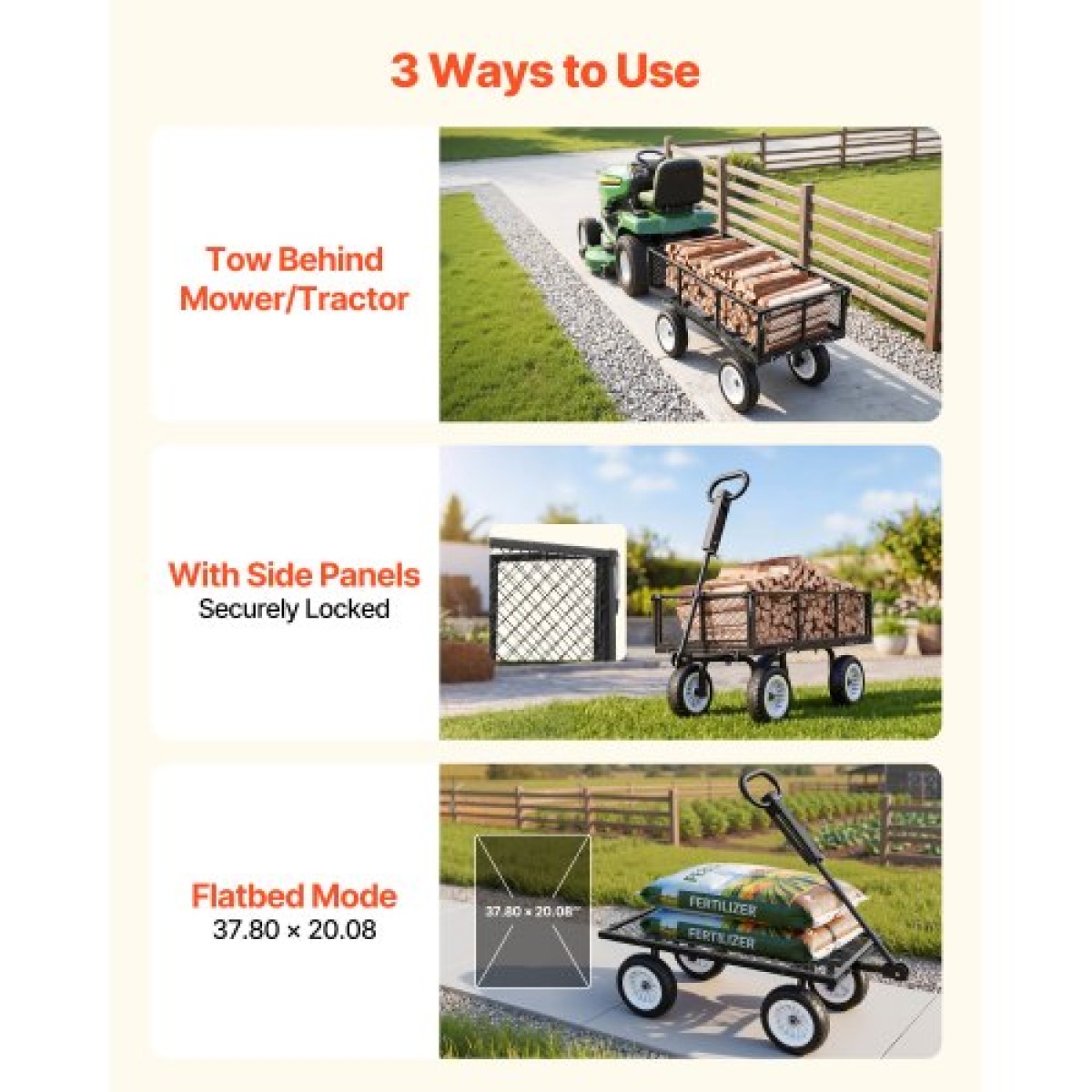 VEVOR Garden Cart, 408,2 kg, Heavy Duty Steel Yard and Garden Utility Wagon με ελαστικά 10 ιντσών, σκαμπό κήπου εξωτερικού χώρου με ρυθμιζόμενη λαβή, αποσπώμενα πλαϊνά πάνελ, προσάρτηση σε ATV ή τρακτέρ, Μαύρο