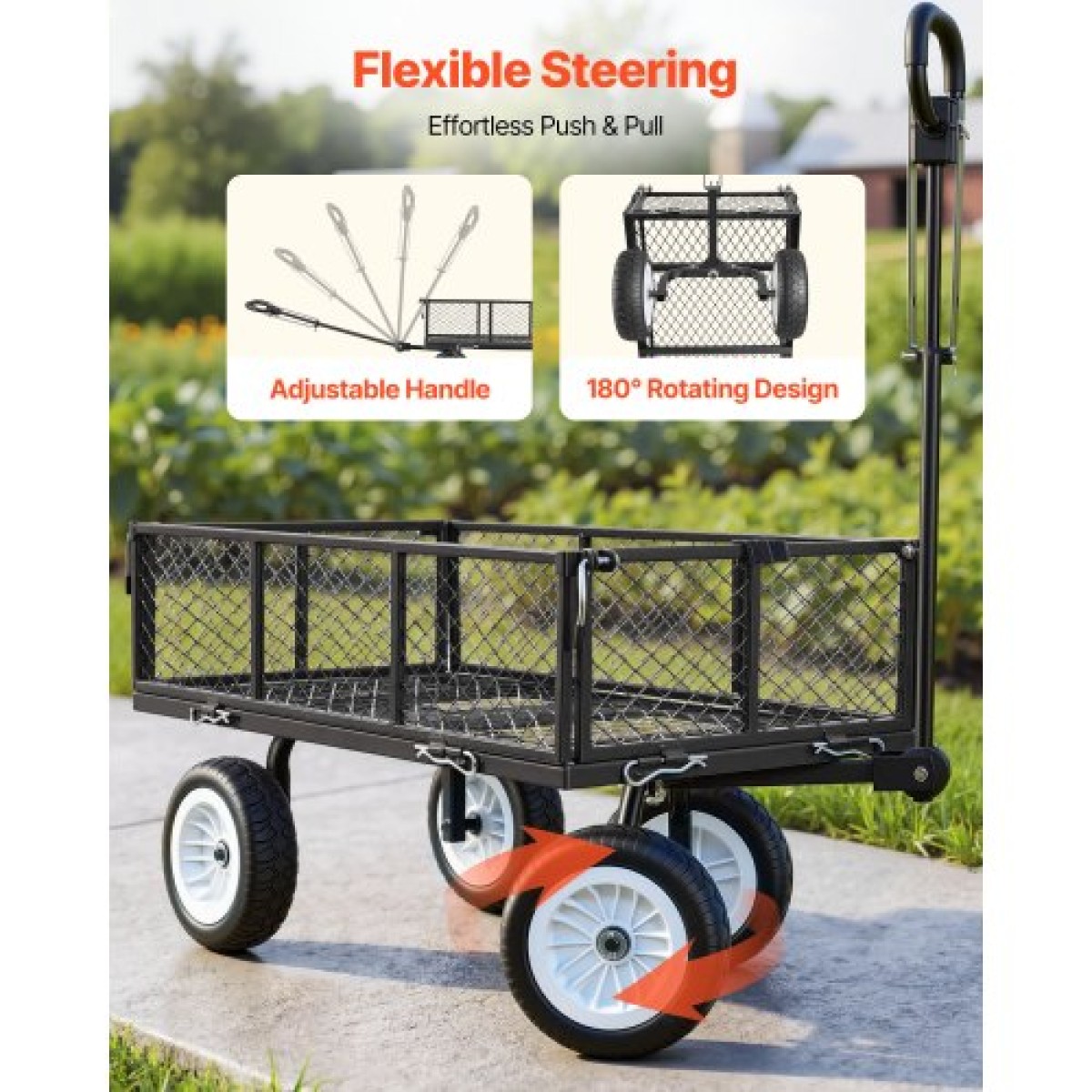 VEVOR Garden Cart, 408,2 kg, Heavy Duty Steel Yard and Garden Utility Wagon με ελαστικά 10 ιντσών, σκαμπό κήπου εξωτερικού χώρου με ρυθμιζόμενη λαβή, αποσπώμενα πλαϊνά πάνελ, προσάρτηση σε ATV ή τρακτέρ, Μαύρο