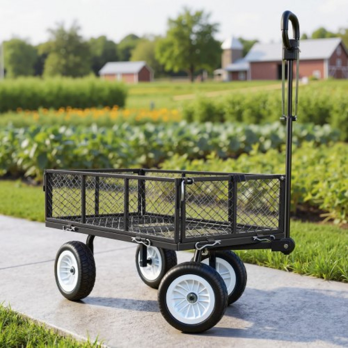 VEVOR Garden Cart, 408,2 kg, Heavy Duty Steel Yard and Garden Utility Wagon με ελαστικά 10 ιντσών, σκαμπό κήπου εξωτερικού χώρου με ρυθμιζόμενη λαβή, αποσπώμενα πλαϊνά πάνελ, προσάρτηση σε ATV ή τρακτέρ, Μαύρο