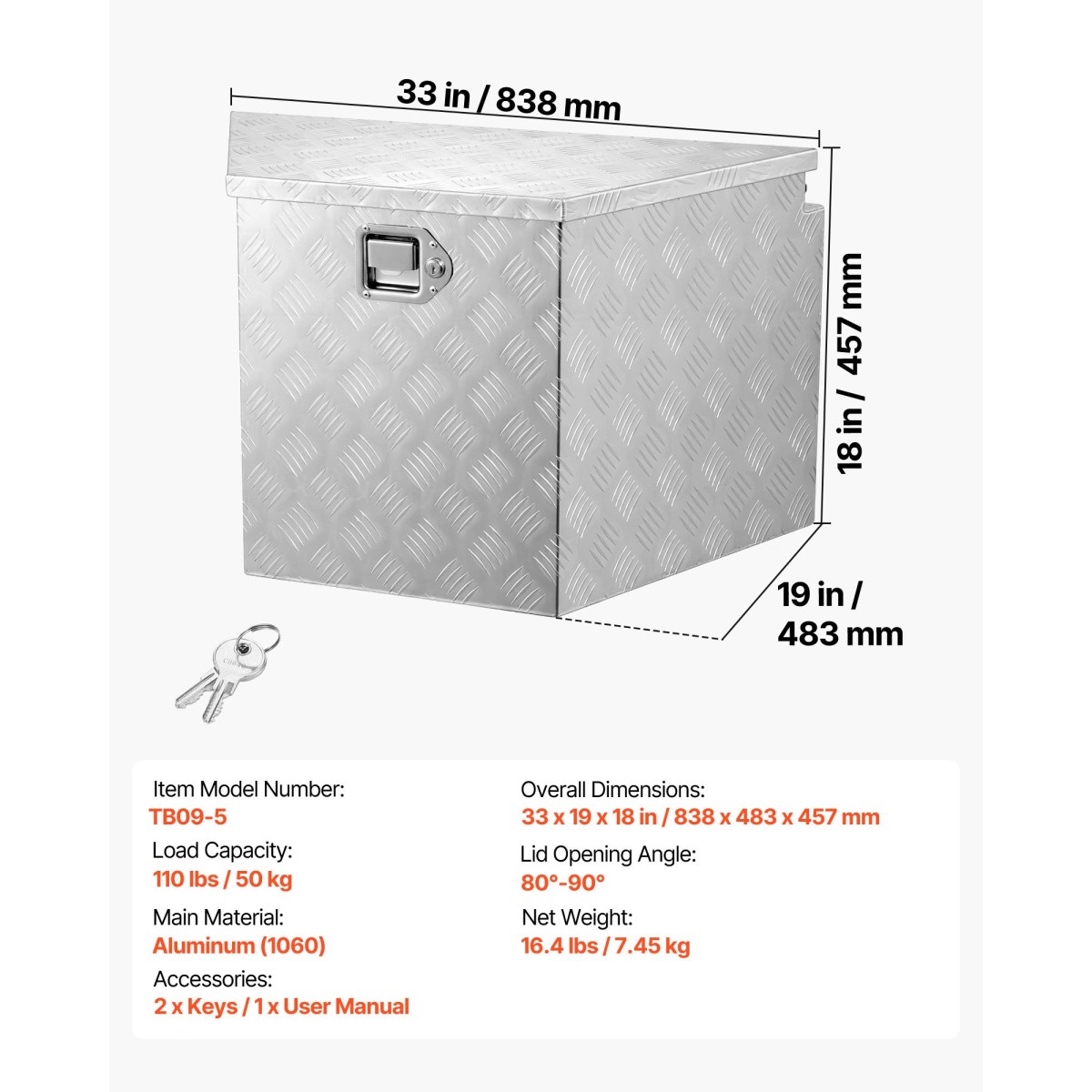 VEVOR Trailer Tongue Box, 838 x 483 x 457 mm Αλουμινένιο κουτί εργαλειοθήκης ρυμουλκούμενου ρυμουλκούμενου, Ατζέντα αποθήκευσης βαρέως τύπου με κλειδαριά και κλειδιά, στήθος βοηθητικών εργαλείων για κρεβάτι φορτηγών, RV, SUV, όχημα εκτός δρόμου, Ασημί