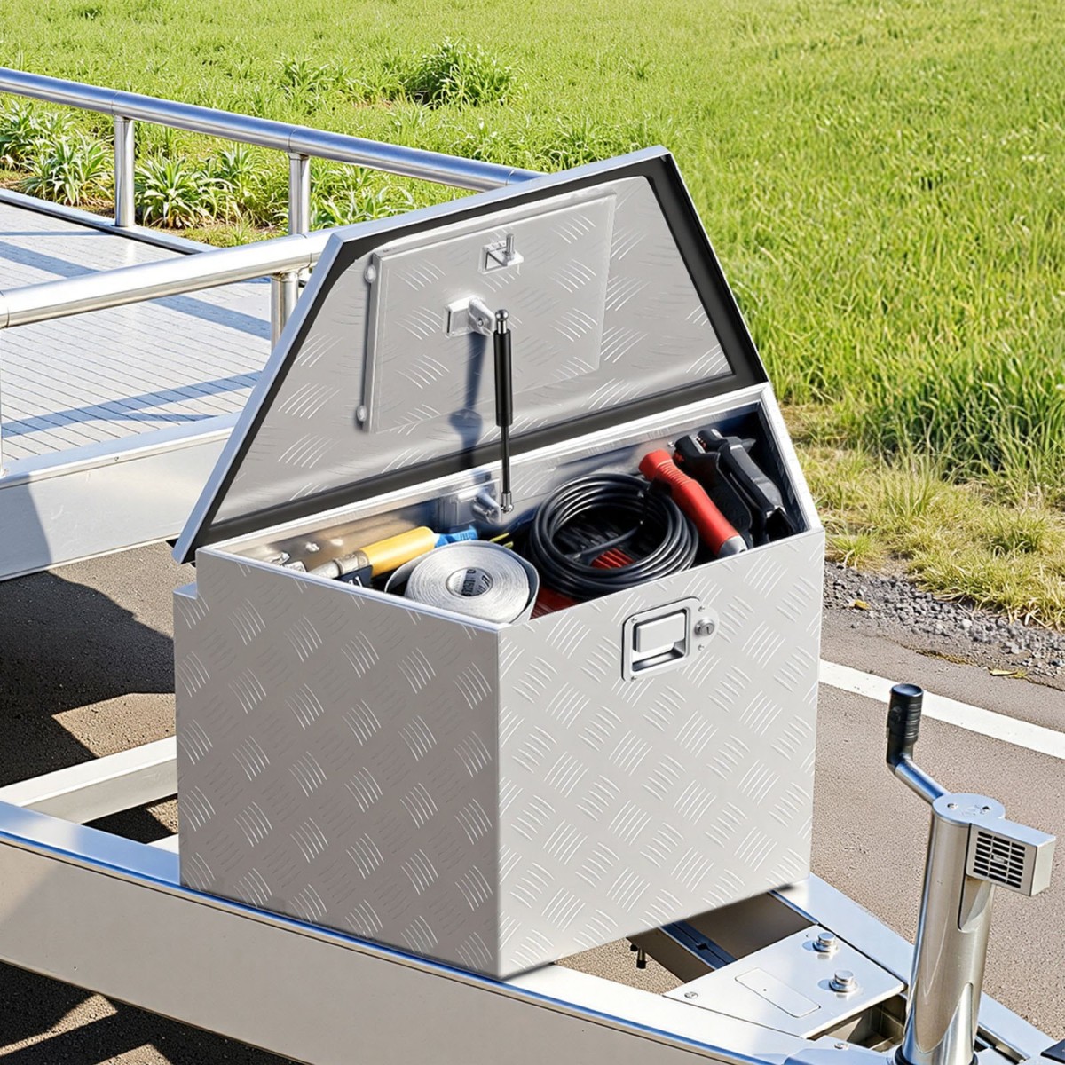VEVOR Trailer Tongue Box, 838 x 483 x 457 mm Αλουμινένιο κουτί εργαλειοθήκης ρυμουλκούμενου ρυμουλκούμενου, Ατζέντα αποθήκευσης βαρέως τύπου με κλειδαριά και κλειδιά, στήθος βοηθητικών εργαλείων για κρεβάτι φορτηγών, RV, SUV, όχημα εκτός δρόμου, Ασημί