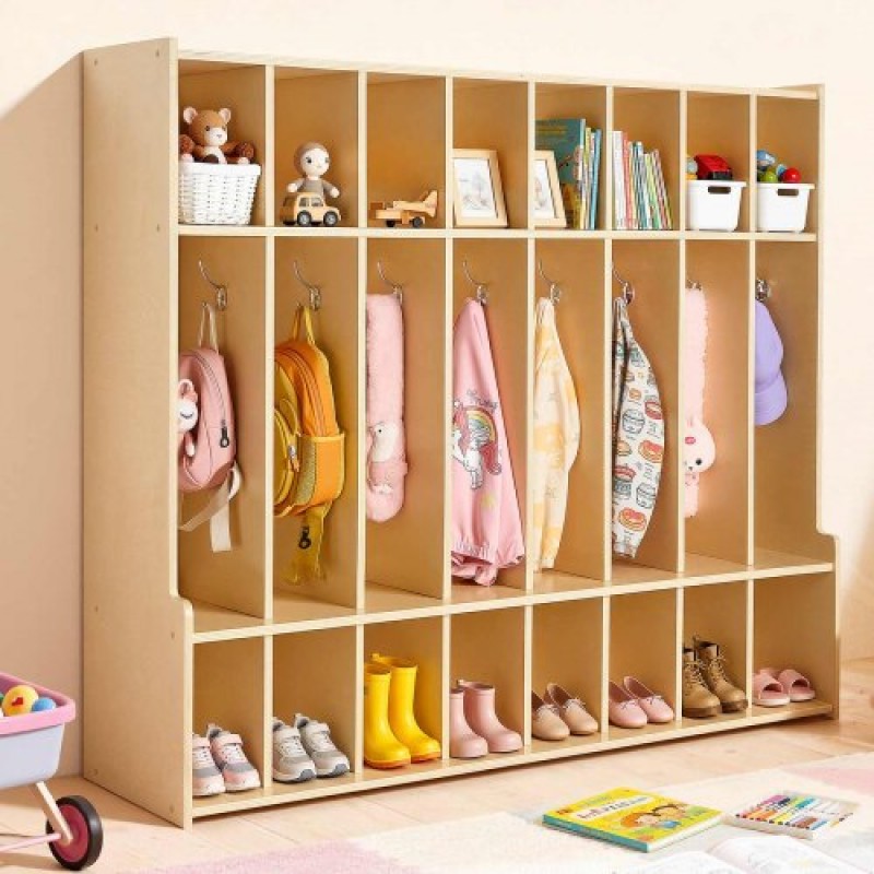VEVOR Παιδικό ντουλάπι για παλτό 8 τμημάτων, Ξύλινη διάταξη αποθήκευσης μικρού νηπίου με 16 γάντζους & κιτ κατά των άκρων, μοντέρνα παιδικά παλτό Cubbies με 16 μικρά ανοιχτά κουτιά αποθήκευσης για σπίτι, νηπιαγωγείο, νηπιαγωγείο, φυσικό