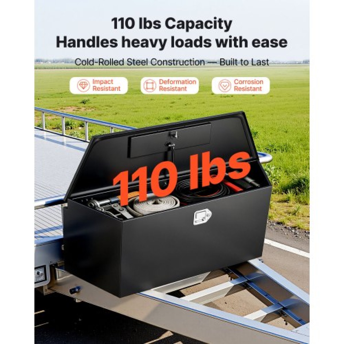 VEVOR Trailer Tongue Box, 1245 x 353 x 470 mm Steel Trailer Tongue Tool Box, Βαριά Duty Storage Organizer με κλειδαριά και κλειδιά, Βοηθητικό κιβώτιο εργαλείων για κρεβάτι Pickup Truck, RV, SUV, Off-Road Vehicle, Μαύρο