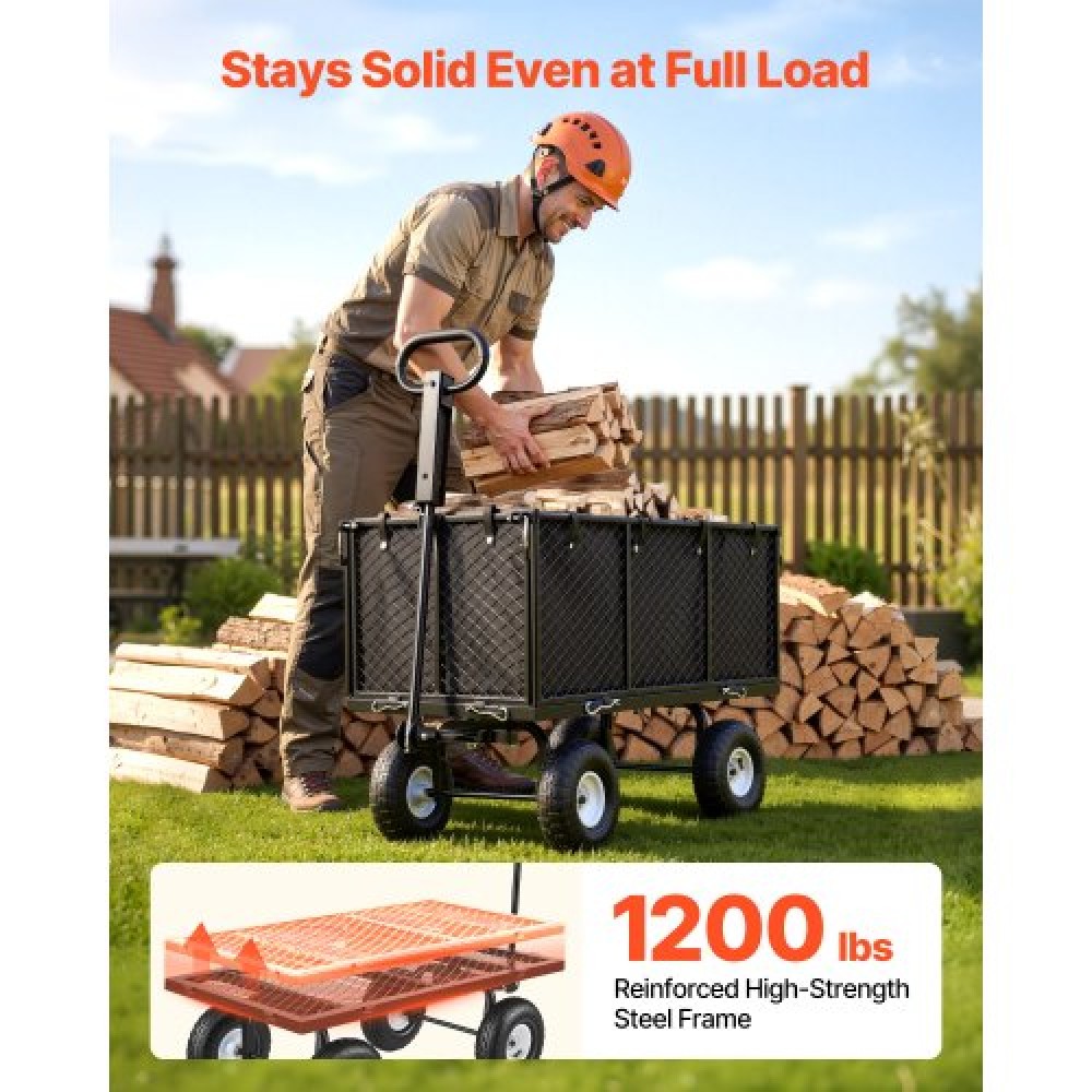 VEVOR Garden Cart, 544.3 kg, Heavy Duty Steel Hand Trolley, Yard Utility Wagon Outdoor Transport Cart with 10-Inch Tires, Adjustable Handle, Detachable Side Panels, Attach to ATV or Tractor, Black