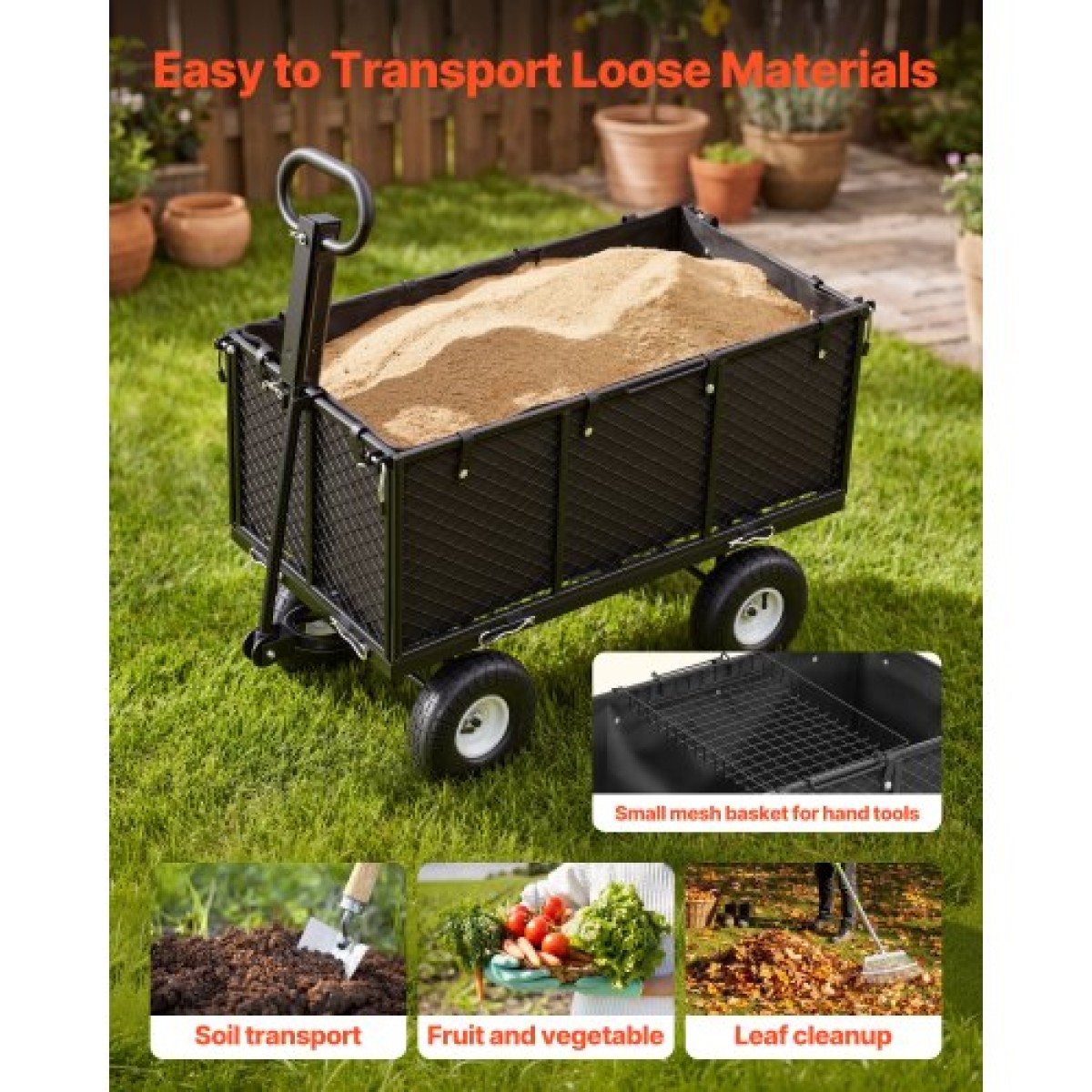 VEVOR Garden Cart, 544,3 kg, βαρέως τύπου Steel Hand Cart, Yard Utility Wagon Wagon Outdoor Transport Cart με ελαστικά 10 ιντσών, Ρυθμιζόμενη λαβή, Αποσπώμενα πλαϊνά πάνελ, Προσάρτηση σε ATV ή τρακτέρ, Μαύρο