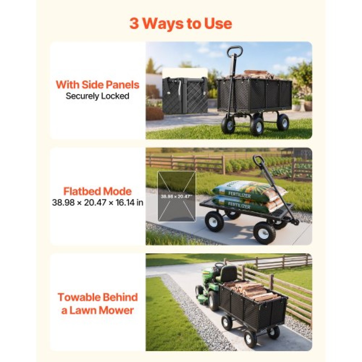 VEVOR Garden Cart, 544,3 kg, βαρέως τύπου Steel Hand Cart, Yard Utility Wagon Wagon Outdoor Transport Cart με ελαστικά 10 ιντσών, Ρυθμιζόμενη λαβή, Αποσπώμενα πλαϊνά πάνελ, Προσάρτηση σε ATV ή τρακτέρ, Μαύρο