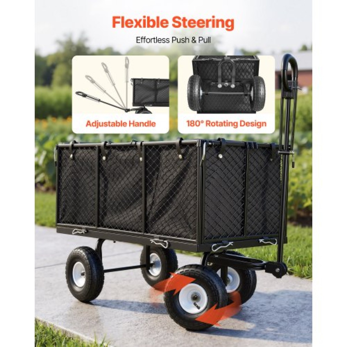 VEVOR Garden Cart, 544,3 kg, βαρέως τύπου Steel Hand Cart, Yard Utility Wagon Wagon Outdoor Transport Cart με ελαστικά 10 ιντσών, Ρυθμιζόμενη λαβή, Αποσπώμενα πλαϊνά πάνελ, Προσάρτηση σε ATV ή τρακτέρ, Μαύρο
