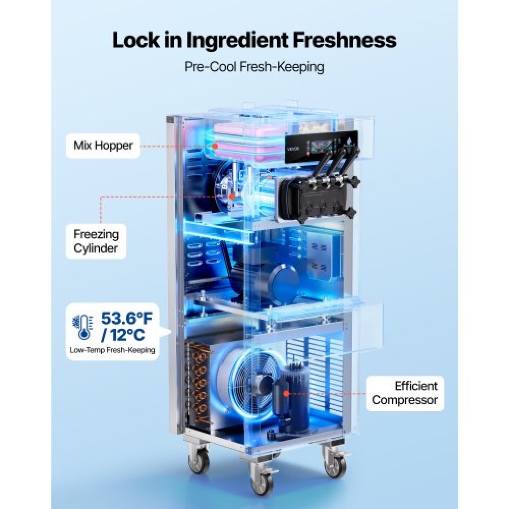 Εμπορική παγωτομηχανή VEVOR, απόδοση 20-28 L/H, 2200 W 3-Flavor Freestanding Soft Serve Παγωτομηχανή με 2 χοάνες 6 λίτρων και ενσωματωμένη αντλία φουσκώματος, προειδοποίηση χαμηλής ανάμειξης προ-ψύξης για κατάστημα επιδορπίων