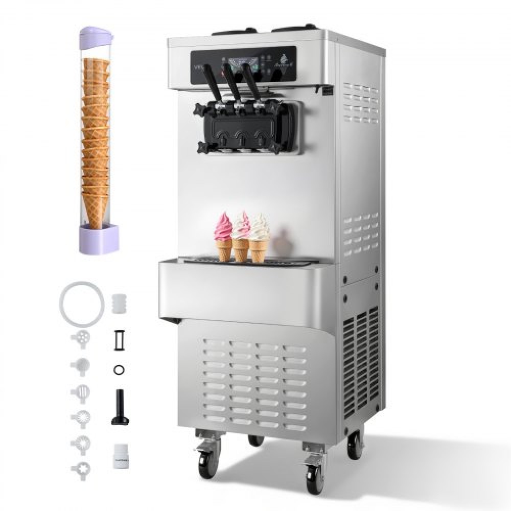Εμπορική παγωτομηχανή VEVOR, απόδοση 20-28 L/H, 2200 W 3-Flavor Freestanding Soft Serve Παγωτομηχανή με 2 χοάνες 6 λίτρων και ενσωματωμένη αντλία φουσκώματος, προειδοποίηση χαμηλής ανάμειξης προ-ψύξης για κατάστημα επιδορπίων