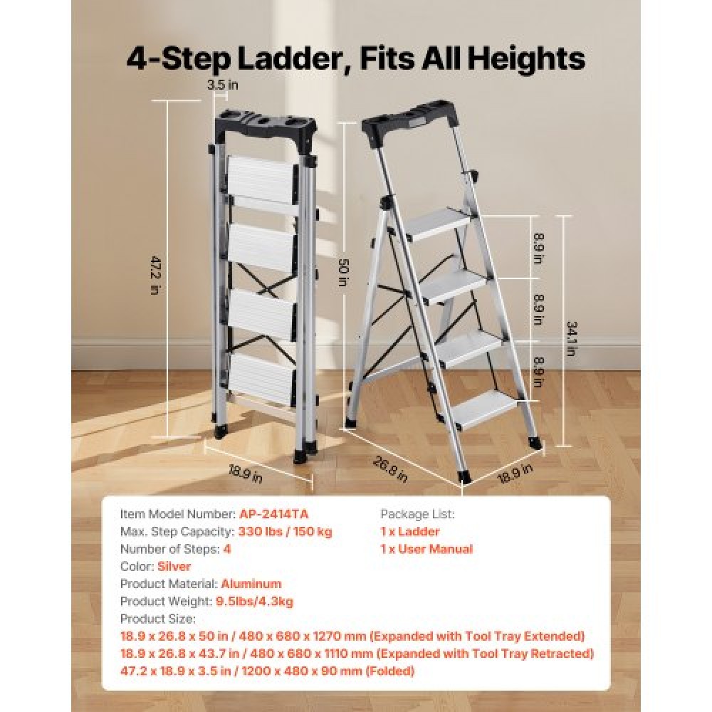 VEVOR 4 Step Ladder, Πτυσσόμενο σκαμπό με φαρδύ αντιολισθητικό πεντάλ και άνετη λαβή, φορητή σκάλα αλουμινίου χωρητικότητας 150 kg, πολλαπλών χρήσεων για κουζίνα, σπίτι, αποθήκη και γραφείο, ασημί