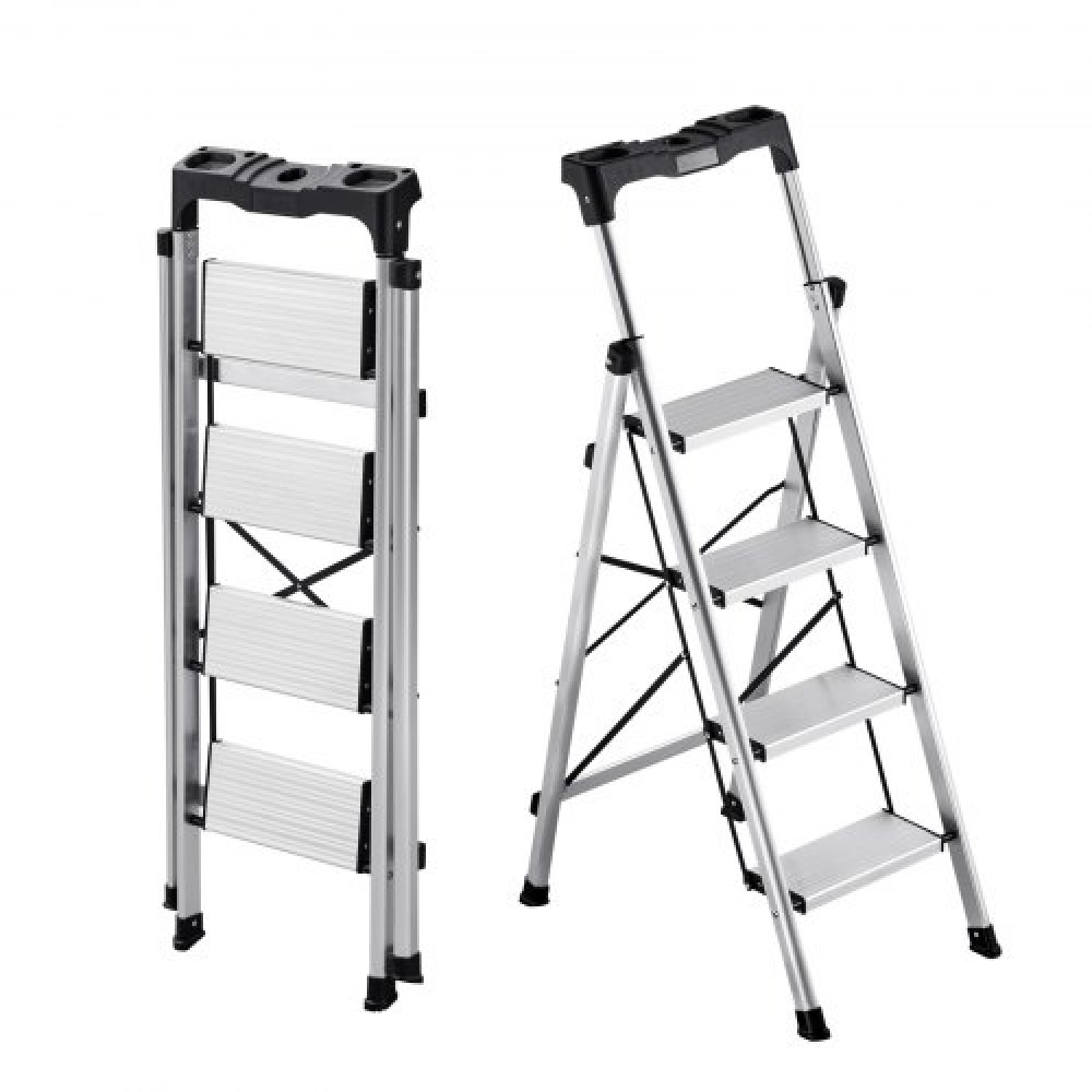 VEVOR 4 Step Ladder, Πτυσσόμενο σκαμπό με φαρδύ αντιολισθητικό πεντάλ και άνετη λαβή, φορητή σκάλα αλουμινίου χωρητικότητας 150 kg, πολλαπλών χρήσεων για κουζίνα, σπίτι, αποθήκη και γραφείο, ασημί