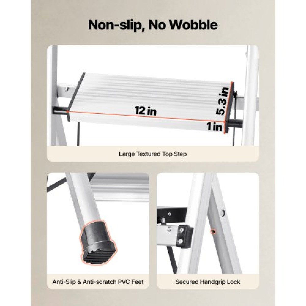 VEVOR 4 Step Ladder, Πτυσσόμενο σκαμπό με φαρδύ αντιολισθητικό πεντάλ και άνετη λαβή, φορητή σκάλα αλουμινίου χωρητικότητας 150 kg, πολλαπλών χρήσεων για κουζίνα, σπίτι, αποθήκη και γραφείο, ασημί
