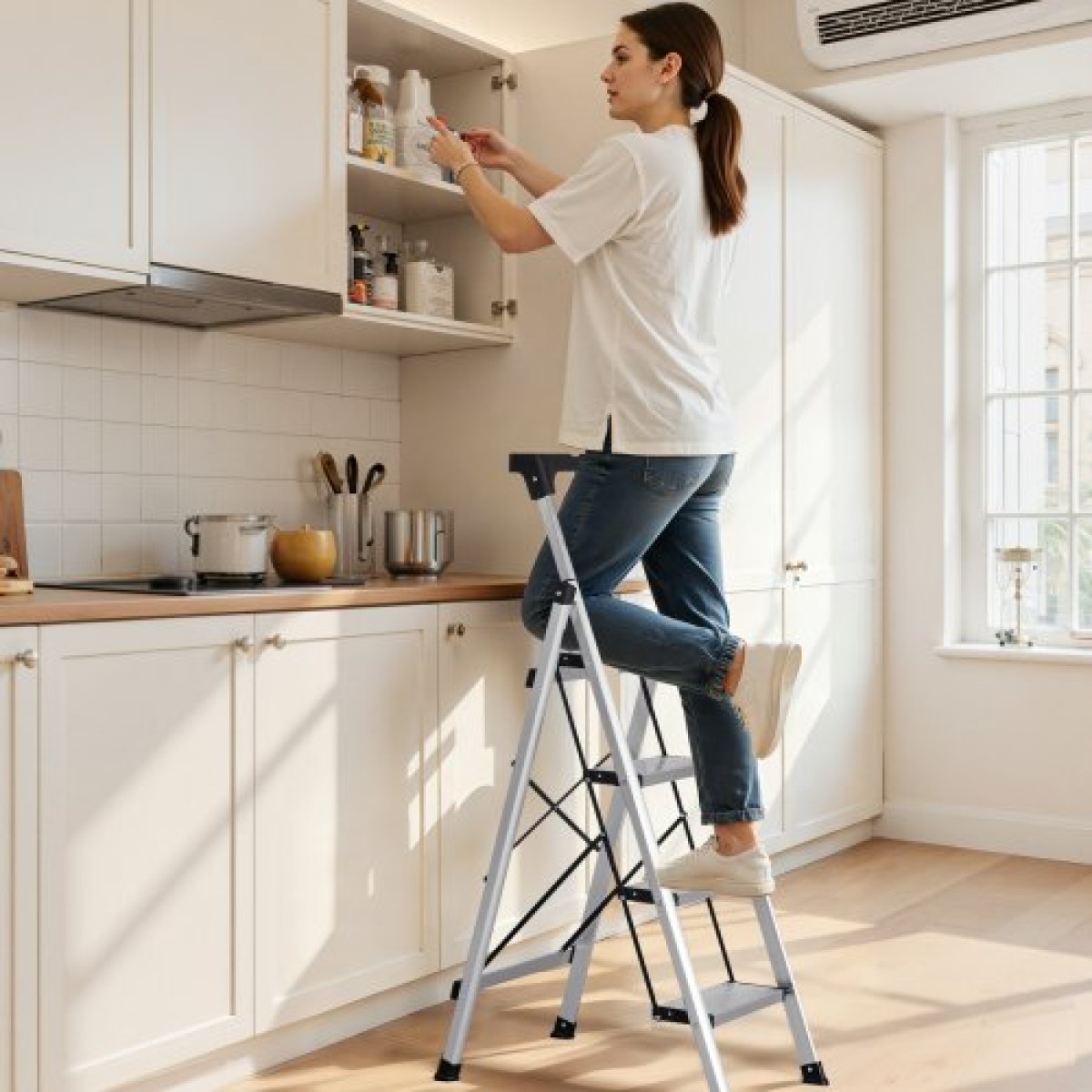 VEVOR 4 Step Ladder, Πτυσσόμενο σκαμπό με φαρδύ αντιολισθητικό πεντάλ και άνετη λαβή, φορητή σκάλα αλουμινίου χωρητικότητας 150 kg, πολλαπλών χρήσεων για κουζίνα, σπίτι, αποθήκη και γραφείο, ασημί