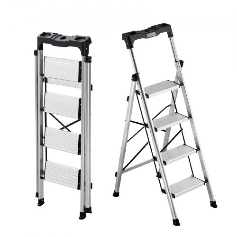 VEVOR 4 Step Ladder, Πτυσσόμενο σκαμπό με φαρδύ αντιολισθητικό πεντάλ και άνετη λαβή, φορητή σκάλα αλουμινίου χωρητικότητας 150 kg, πολλαπλών χρήσεων για κουζίνα, σπίτι, αποθήκη και γραφείο, ασημί