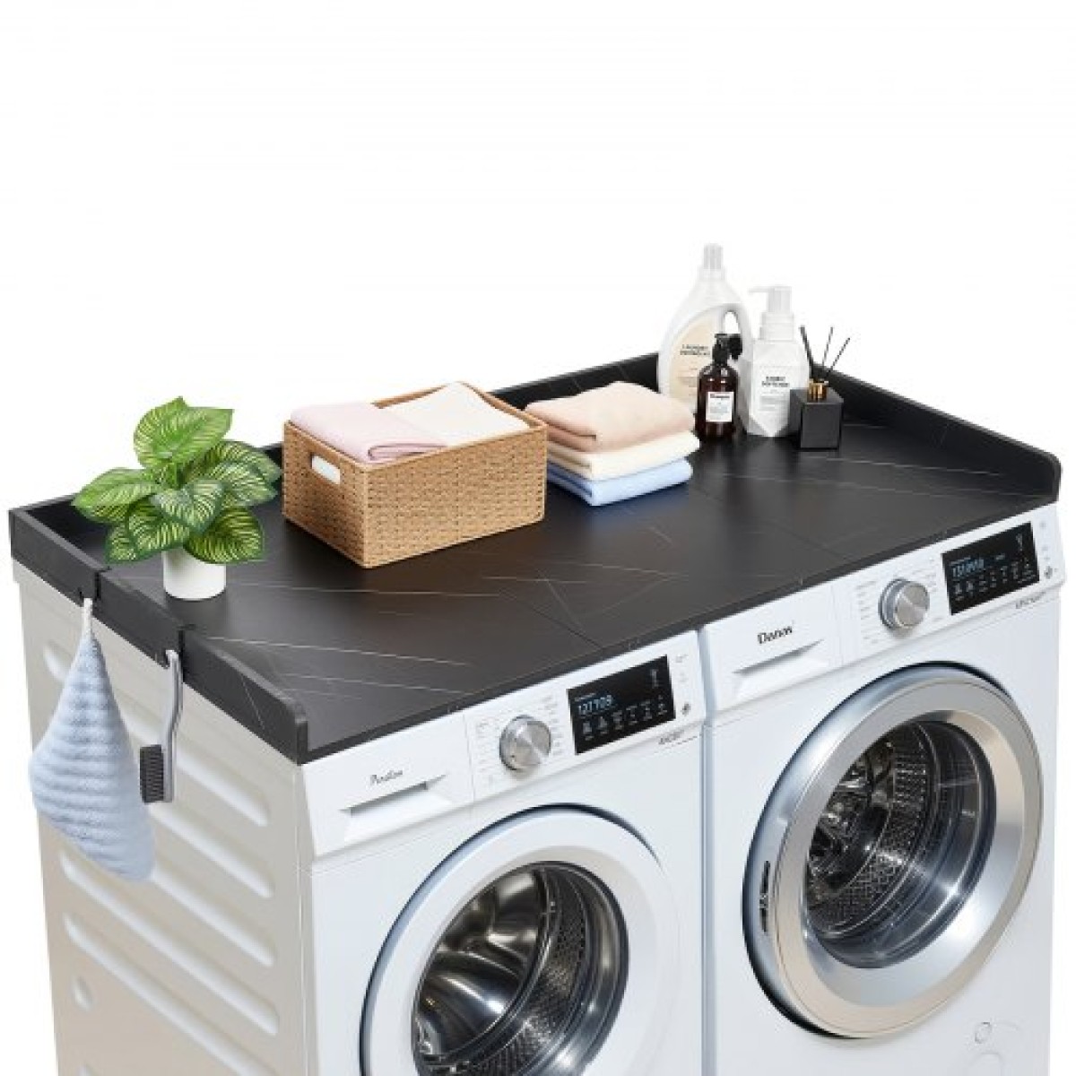 Πάγκος VEVOR Washer Dryer, 137 x 69,9 cm Μάρμαρο Πλυντήριο ρούχων και Στεγνωτήριο με άκρα και γάντζους, Αδιάβροχο Επάνω μέρος πλυντηρίου για ντουλάπα ρούχων Οργάνωση και αποθήκευση πάγκου, Μαύρο