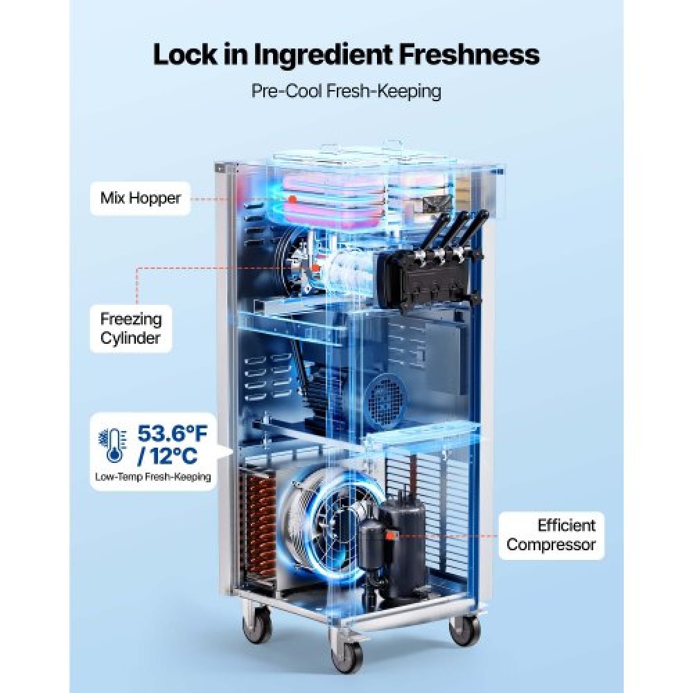 Εμπορική παγωτομηχανή VEVOR, απόδοση 20-28 L/H, 2200 W 3-Flavor Freestanding Soft Serve Παγωτομηχανή με 2 χοάνες 6 λίτρων και ανάδευση χοάνης, προ-ψυκτικός αυτοκαθαρισμός για καταστήματα με γλυκά σνακ