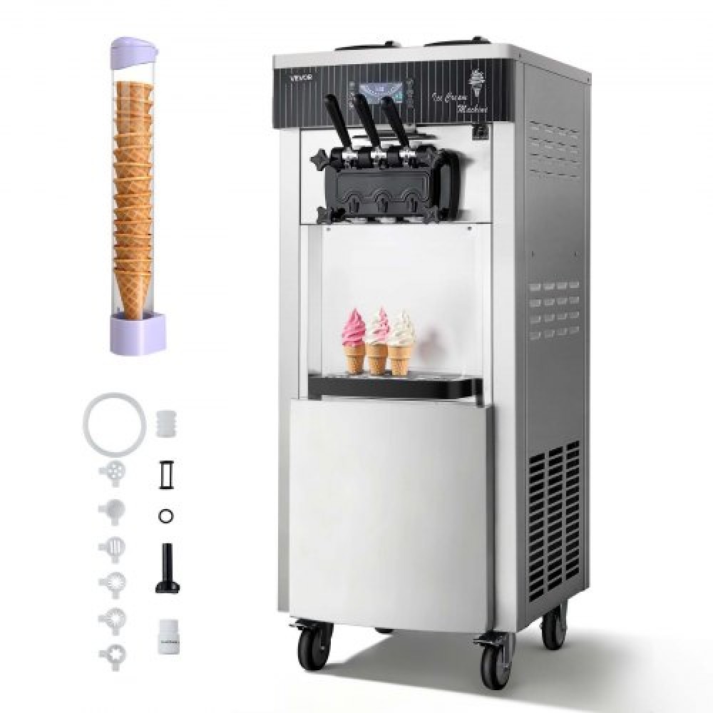 Εμπορική παγωτομηχανή VEVOR, απόδοση 20-28 L/H, 2200 W 3-Flavor Freestanding Soft Serve Παγωτομηχανή με 2 χοάνες 6 λίτρων και ανάδευση χοάνης, προ-ψυκτικός αυτοκαθαρισμός για καταστήματα με γλυκά σνακ