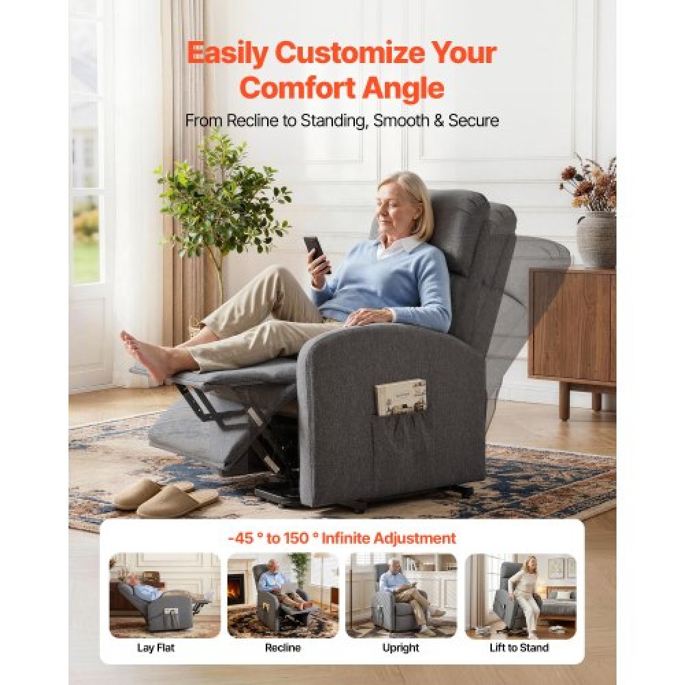 VEVOR Power Lift Recliner Chair, Electric Lift Chair for Elderly, Infinite Position Adjustment, Linen Fabric, High-Resilience Foam, with Side Pockets, Remote Control, and Wide Armrests, Light Gray