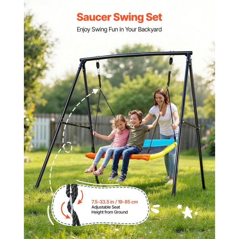 VEVOR Swing Set for Backyard, 150 x 81 cm Swing Seat with Heavy Duty A-Frame Metal Stand, 199,6 kg χωρητικότητα φόρτωσης, Ενισχυμένο με σπειροειδείς άγκυρες εδάφους, Swingset Outdoor για παιδιά, Μαύρο και πολύχρωμο