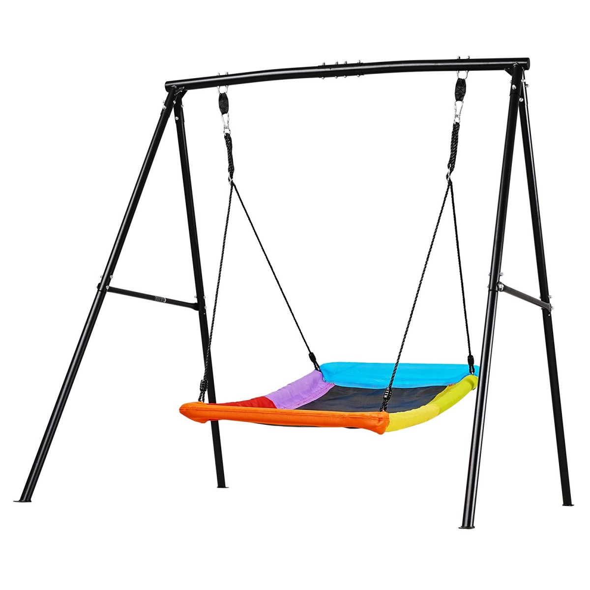 VEVOR Swing Set for Backyard, 150 x 81 cm Swing Seat with Heavy Duty A-Frame Metal Stand, 199,6 kg χωρητικότητα φόρτωσης, Ενισχυμένο με σπειροειδείς άγκυρες εδάφους, Swingset Outdoor για παιδιά, Μαύρο και πολύχρωμο