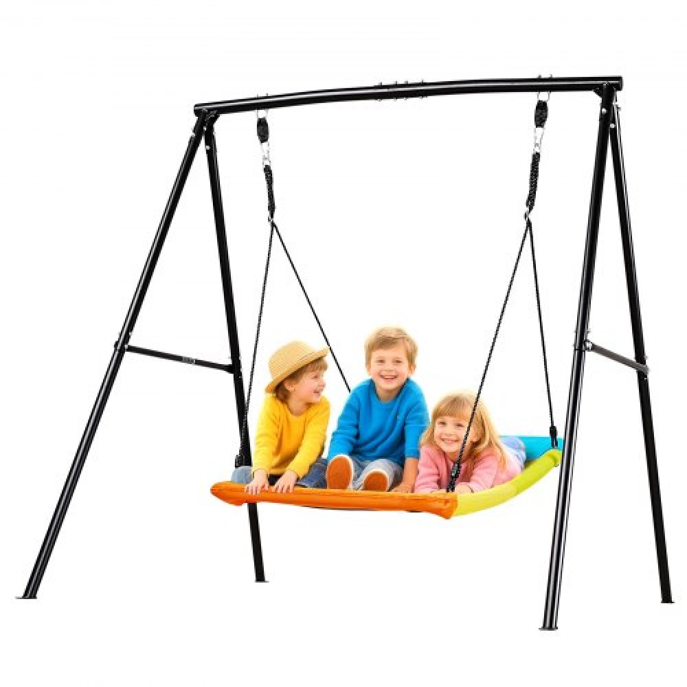 VEVOR Swing Set for Backyard, 150 x 81 cm Swing Seat with Heavy Duty A-Frame Metal Stand, 199,6 kg χωρητικότητα φόρτωσης, Ενισχυμένο με σπειροειδείς άγκυρες εδάφους, Swingset Outdoor για παιδιά, Μαύρο και πολύχρωμο