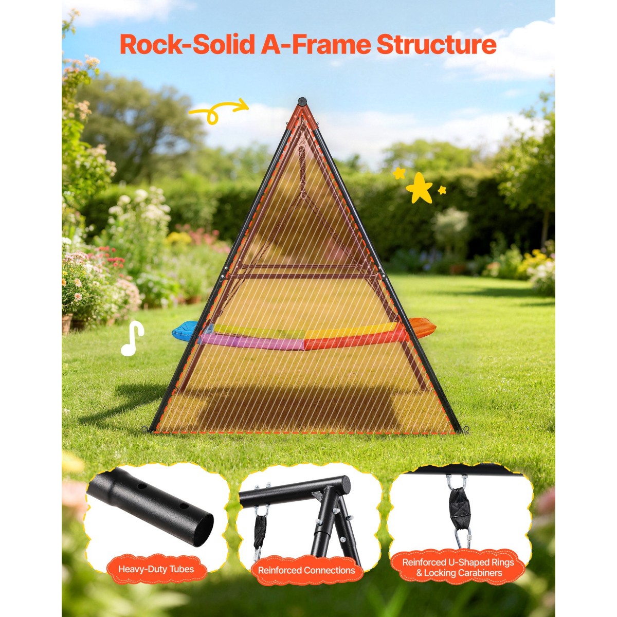 VEVOR Swing Set for Backyard, 150 x 81 cm Swing Seat with Heavy Duty A-Frame Metal Stand, 199,6 kg χωρητικότητα φόρτωσης, Ενισχυμένο με σπειροειδείς άγκυρες εδάφους, Swingset Outdoor για παιδιά, Μαύρο και πολύχρωμο