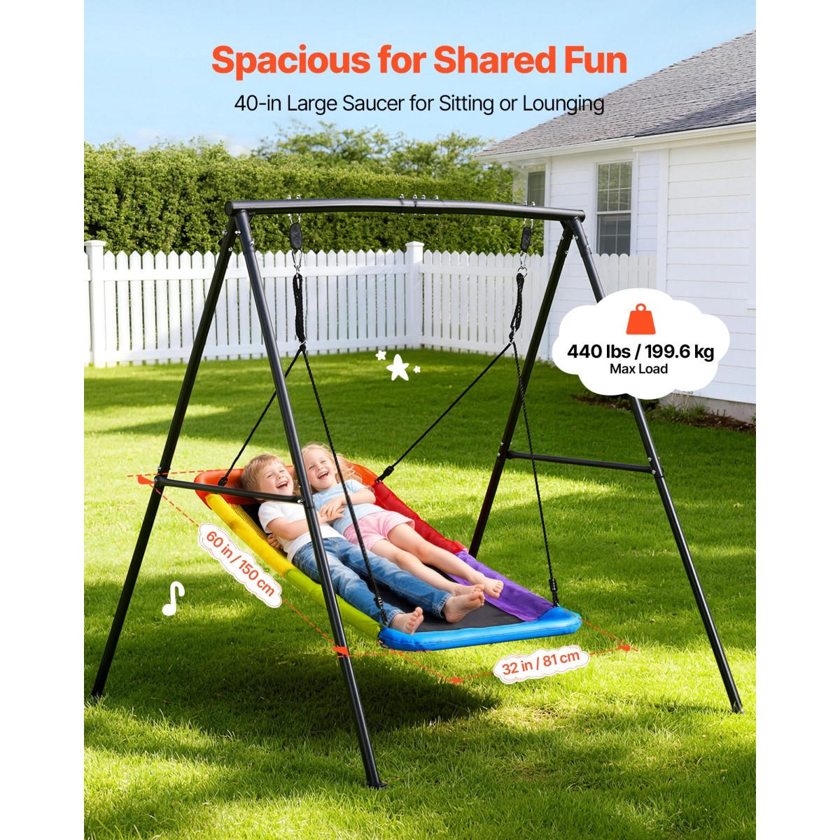 VEVOR Swing Set for Backyard, 150 x 81 cm Swing Seat with Heavy Duty A-Frame Metal Stand, 199,6 kg χωρητικότητα φόρτωσης, Ενισχυμένο με σπειροειδείς άγκυρες εδάφους, Swingset Outdoor για παιδιά, Μαύρο και πολύχρωμο