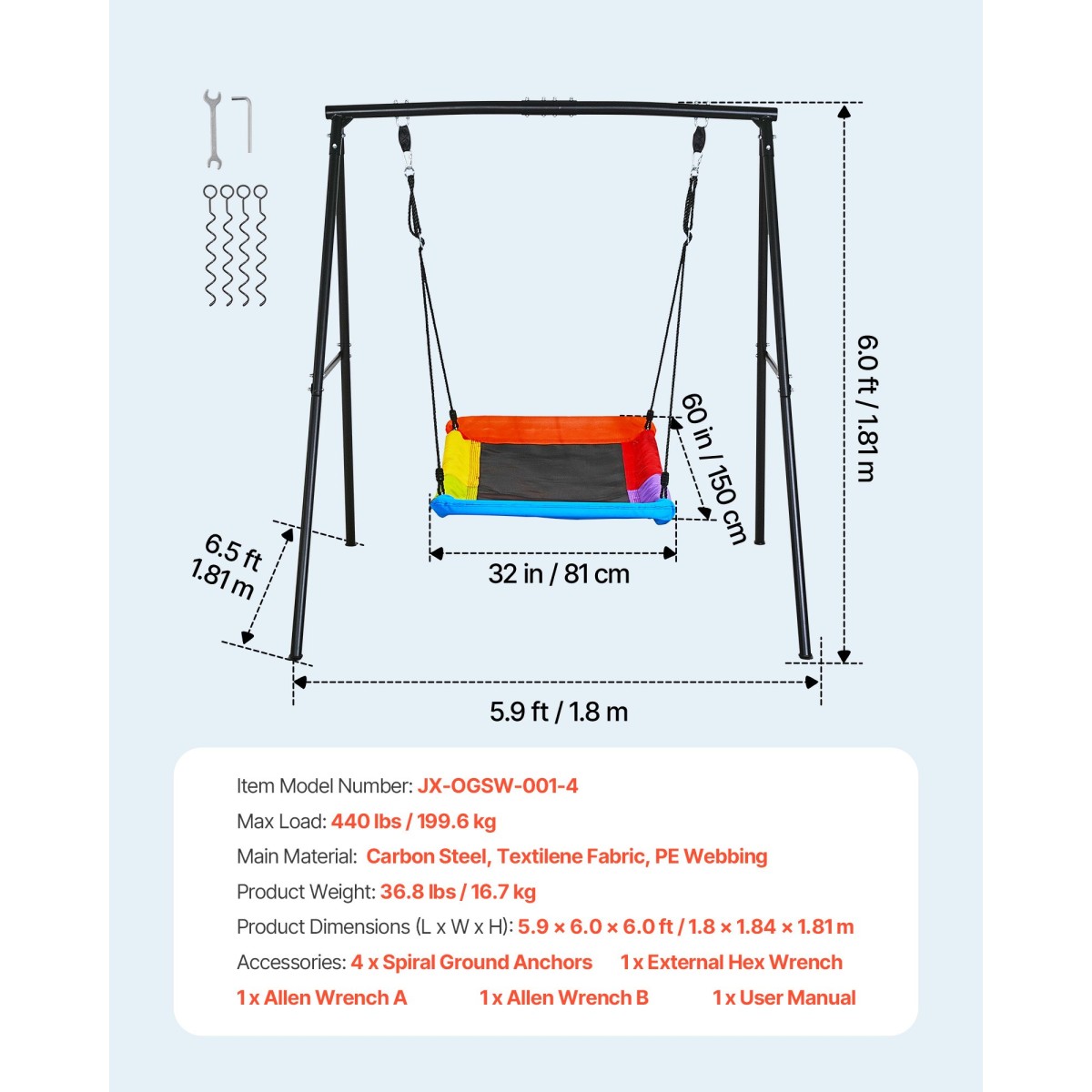 VEVOR Swing Set for Backyard, 150 x 81 cm Swing Seat with Heavy Duty A-Frame Metal Stand, 199,6 kg χωρητικότητα φόρτωσης, Ενισχυμένο με σπειροειδείς άγκυρες εδάφους, Swingset Outdoor για παιδιά, Μαύρο και πολύχρωμο
