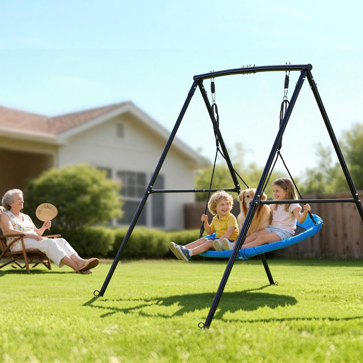VEVOR Swing Set for Backyard, 150 x 81 cm Swing Seat with Heavy Duty A-Frame Metal Stand, 199,6 kg χωρητικότητα φόρτωσης, Ενισχυμένο με σπειροειδείς άγκυρες εδάφους, Swingset Outdoor για παιδιά, Μαύρο και πολύχρωμο