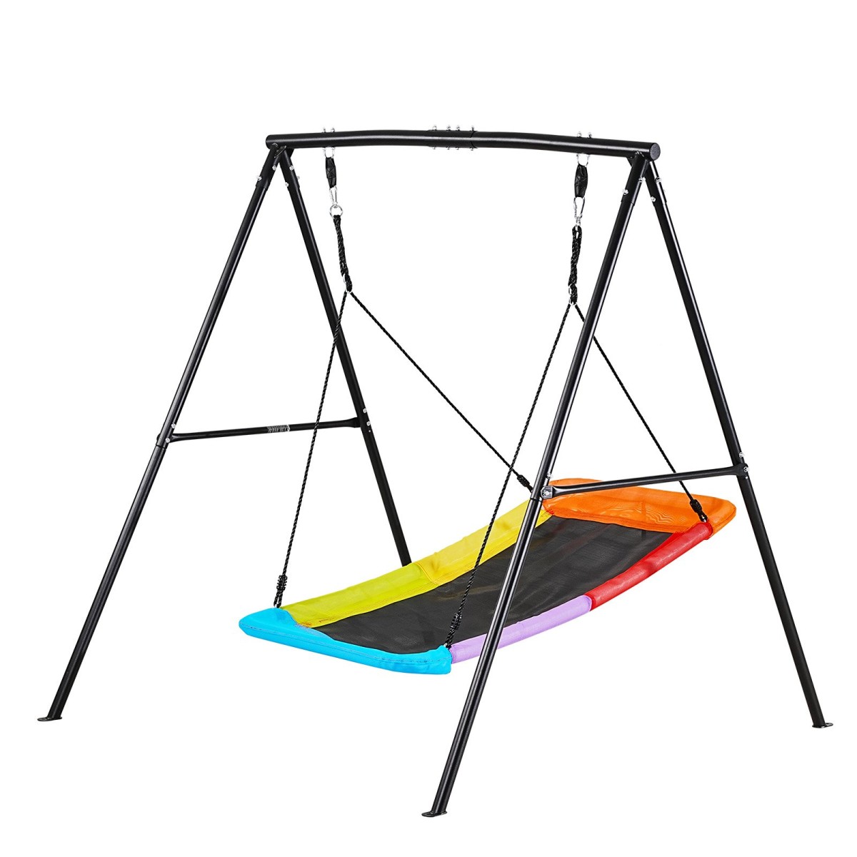 VEVOR Swing Set for Backyard, 150 x 81 cm Swing Seat with Heavy Duty A-Frame Metal Stand, 199,6 kg χωρητικότητα φόρτωσης, Ενισχυμένο με σπειροειδείς άγκυρες εδάφους, Swingset Outdoor για παιδιά, Μαύρο και πολύχρωμο