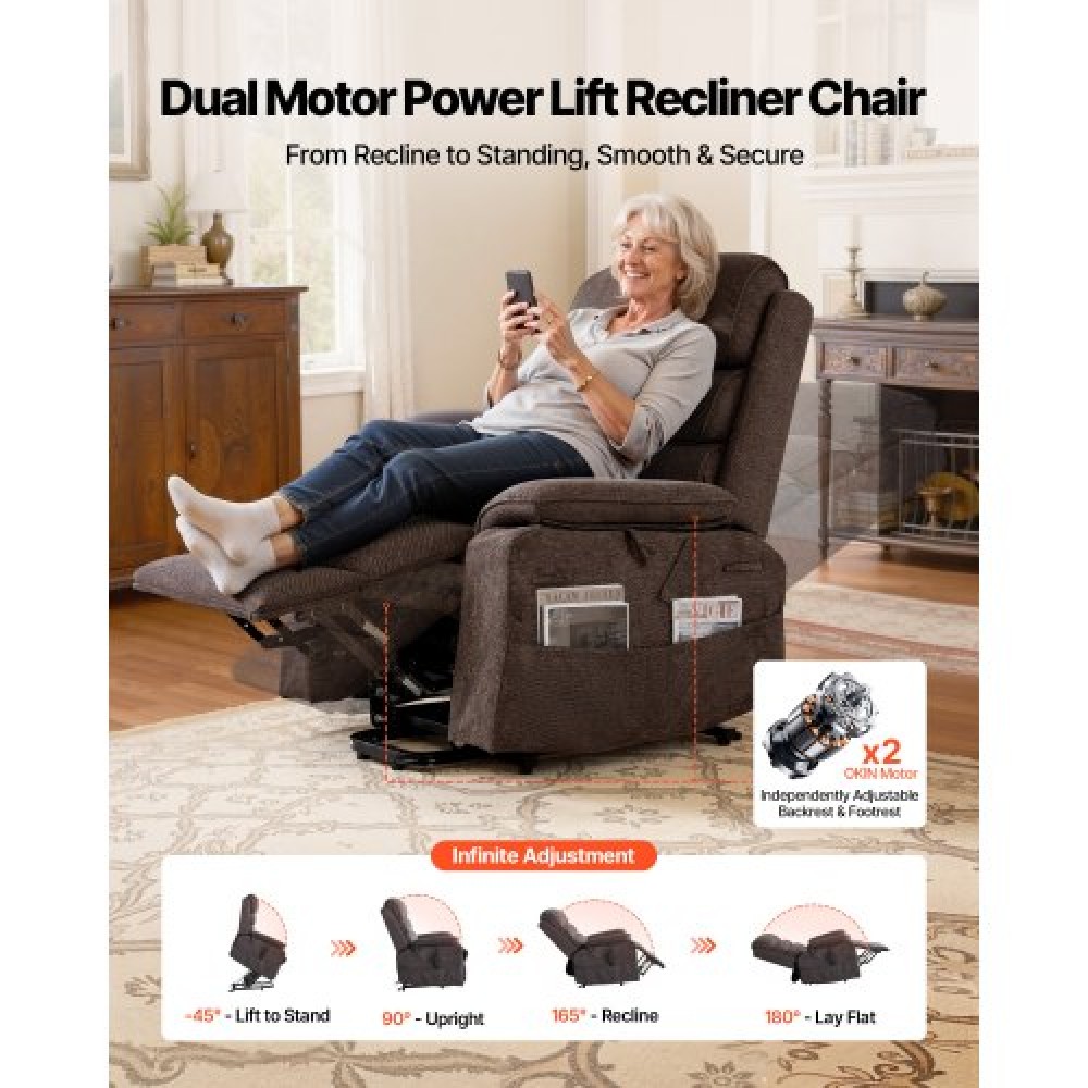 VEVOR Power Lift Recliner Chair, Dual Motor, Medium Electric Lift Chair with Heat and Massage for Elderly, Infinite Position Adjustment, Chenille Fabric, Remote Control, with Storage Pockets, Brown
