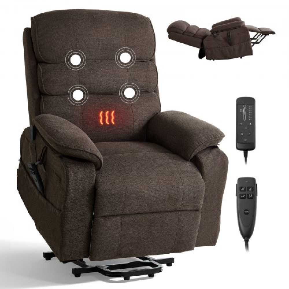 VEVOR Power Lift Recliner Chair, Dual Motor, Medium Electric Lift Chair with Heat and Massage for Elderly, Infinite Position Adjustment, Chenille Fabric, Remote Control, with Storage Pockets, Brown