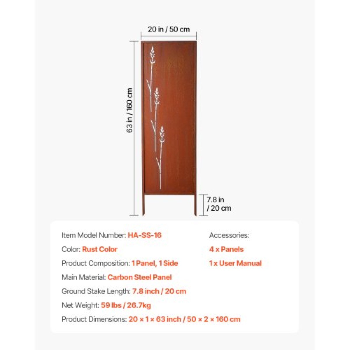 VEVOR Metal Privacy Screen, 50 x 160 cm Ανεξάρτητος Μοντέρνος φράχτης Privacy, Πάνελ διαχωρισμού κήπου με εκτεταμένους πάσσαλους εδάφους & πλάκα από ανθρακούχο χάλυβα, ανεξάρτητο εξωτερικό διαχωριστικό για κήπο, εσωτερικό