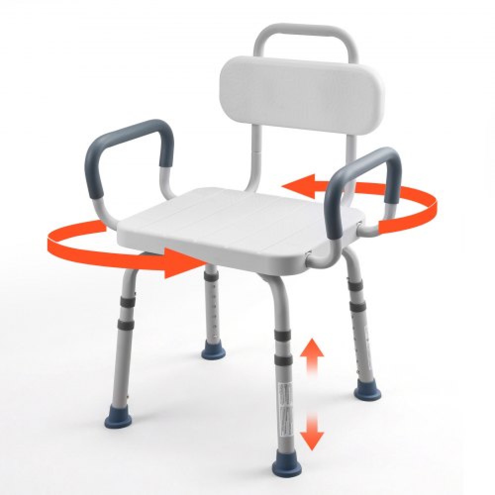 VEVOR Swivel Shower Chair with Arms and Back, 180 kg Load Heavy Duty Bench Seat for Inside Shower Stall and Bathtub, Height Adjustable Bathroom Bath Tub Seat for Adults, Seniors, Elderly and Disabled