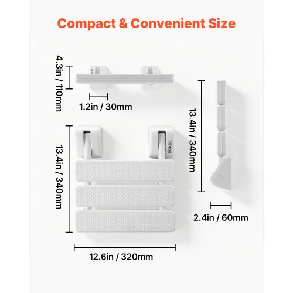 VEVOR Foldable Shower Seat Wall Mounted, 317mm Folding Shower Bench, PP Fold-Down Bathroom Corridor Seat with Aluminum Alloy Frame for Adults Seniors, 100kg Loading