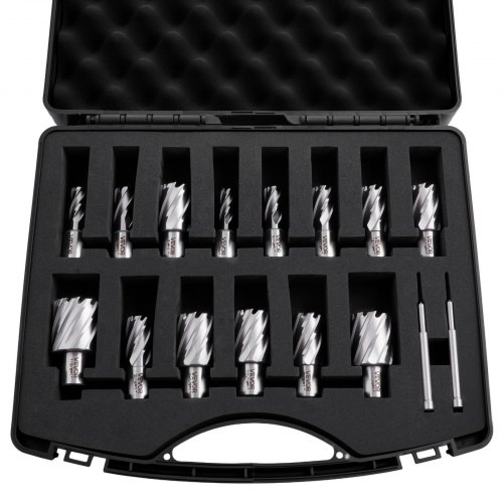 VEVOR Δακτυλιοειδές σετ κοπής, 16 τεμ. Weldon Shank Mag Drill Bits Kit, 25,4 mm Βάθος κοπής, 11,11 mm έως 34,92 mm Διάμετρος κοπής, HSS, 14 τρυπάνια με 2 καρφίτσες πιλότου, Πλαστική θήκη, για μαγνητικά τρυπάνια