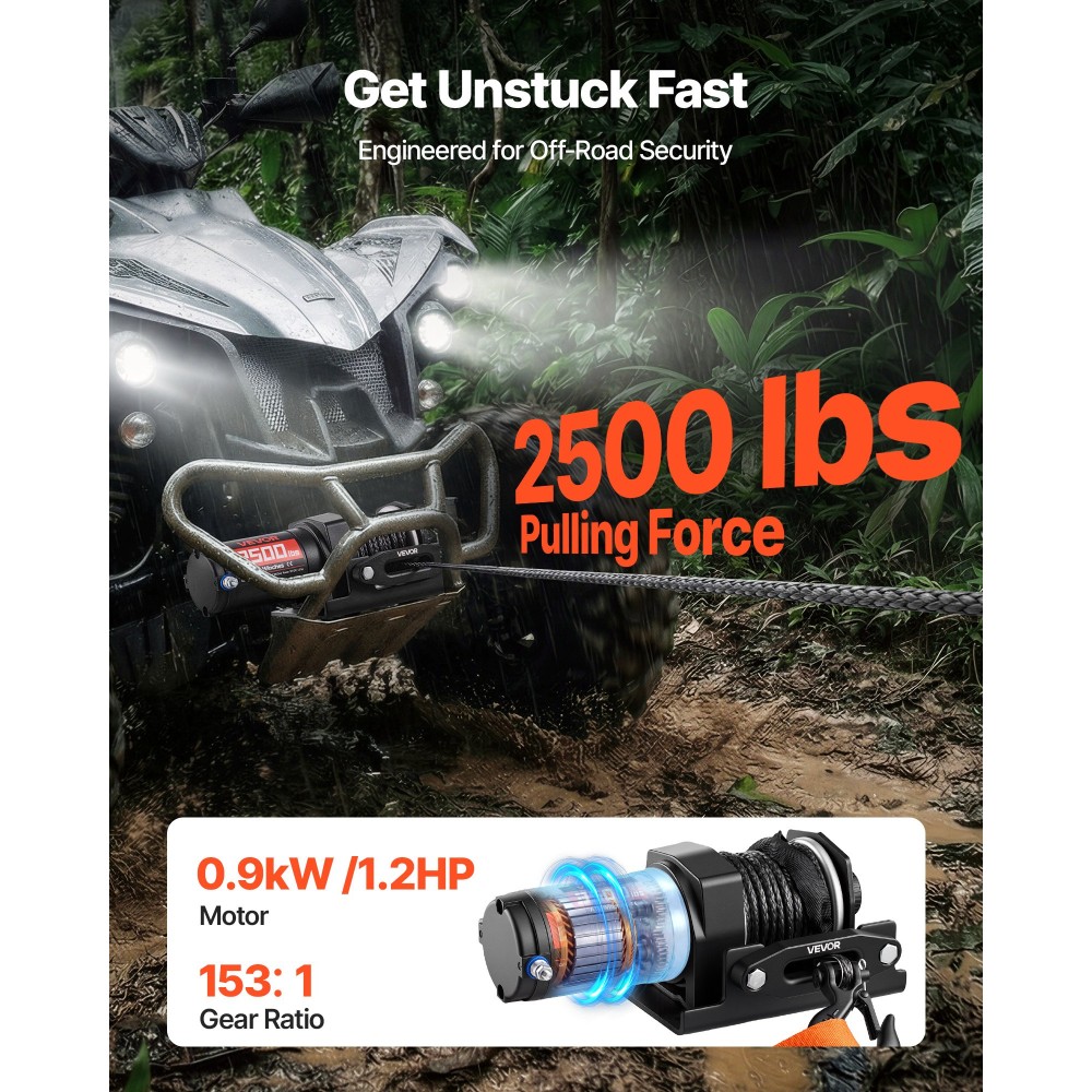 VEVOR 1134 kg Ηλεκτρικό βαρούλκο, βαρούλκο 12V DC ATV/UTV με Φ4,8 mm x 12 m Συνθετικό Σχοινί & Ενσύρματο Τηλεχειριστήριο, IP55 Αδιάβροχο, Πλάκα στήριξης Fairlead περίβλημα αλουμινίου για ρυμούλκηση ATV, μαύρο