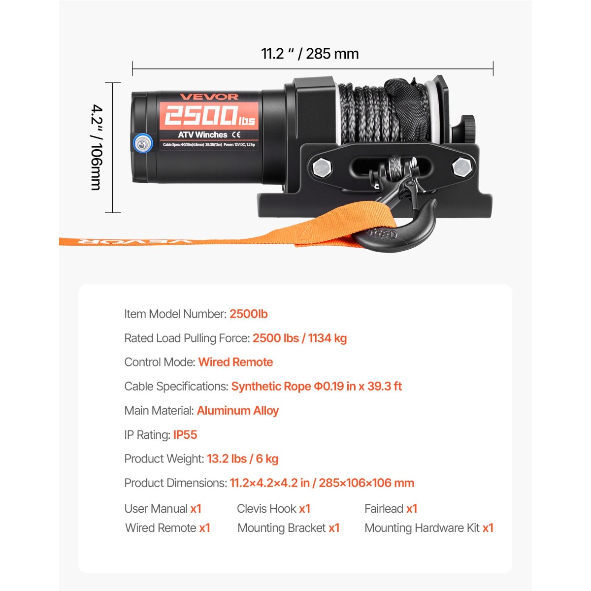 VEVOR 1134 kg Ηλεκτρικό βαρούλκο, βαρούλκο 12V DC ATV/UTV με Φ4,8 mm x 12 m Συνθετικό Σχοινί & Ενσύρματο Τηλεχειριστήριο, IP55 Αδιάβροχο, Πλάκα στήριξης Fairlead περίβλημα αλουμινίου για ρυμούλκηση ATV, μαύρο