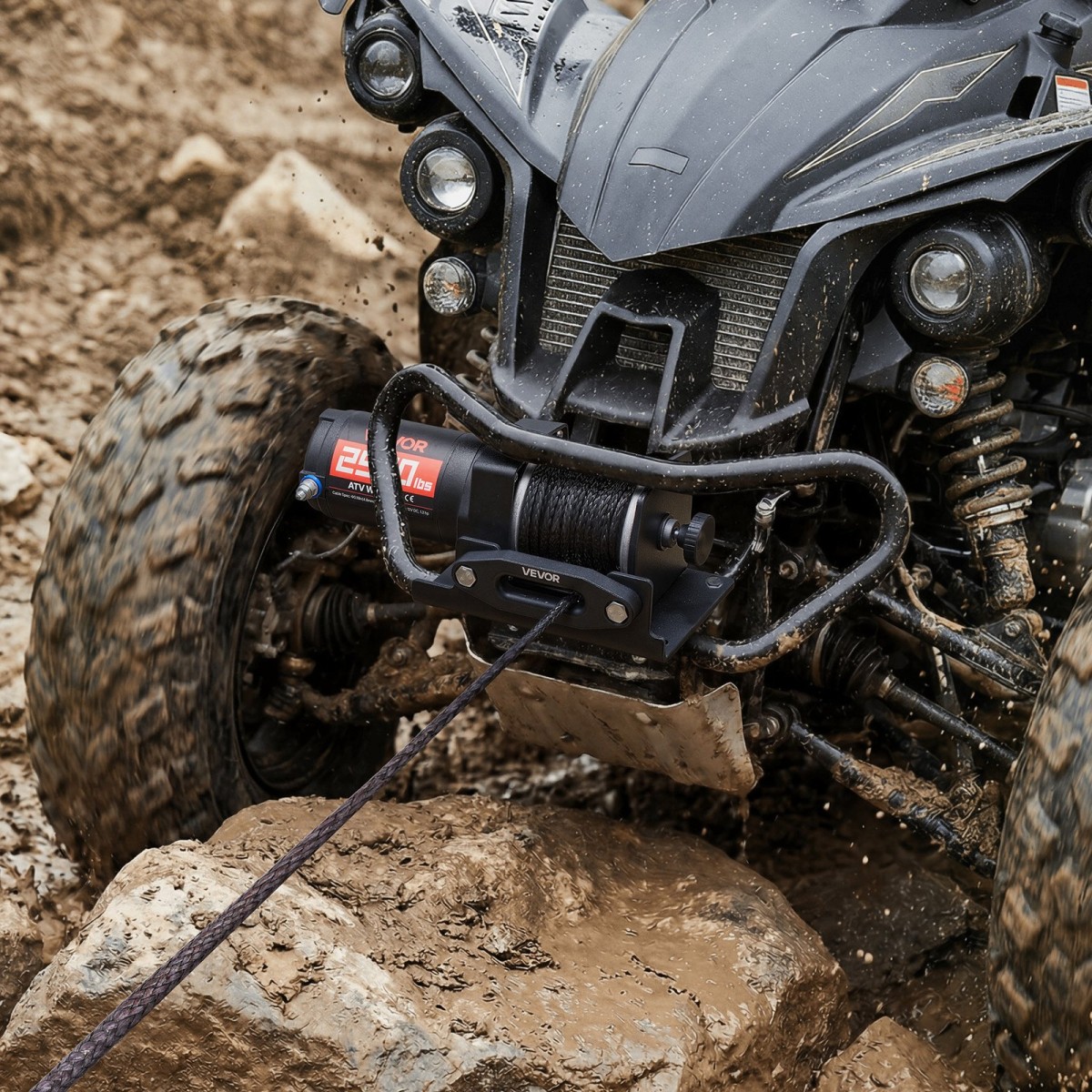 VEVOR 1134 kg Ηλεκτρικό βαρούλκο, βαρούλκο 12V DC ATV/UTV με Φ4,8 mm x 12 m Συνθετικό Σχοινί & Ενσύρματο Τηλεχειριστήριο, IP55 Αδιάβροχο, Πλάκα στήριξης Fairlead περίβλημα αλουμινίου για ρυμούλκηση ATV, μαύρο