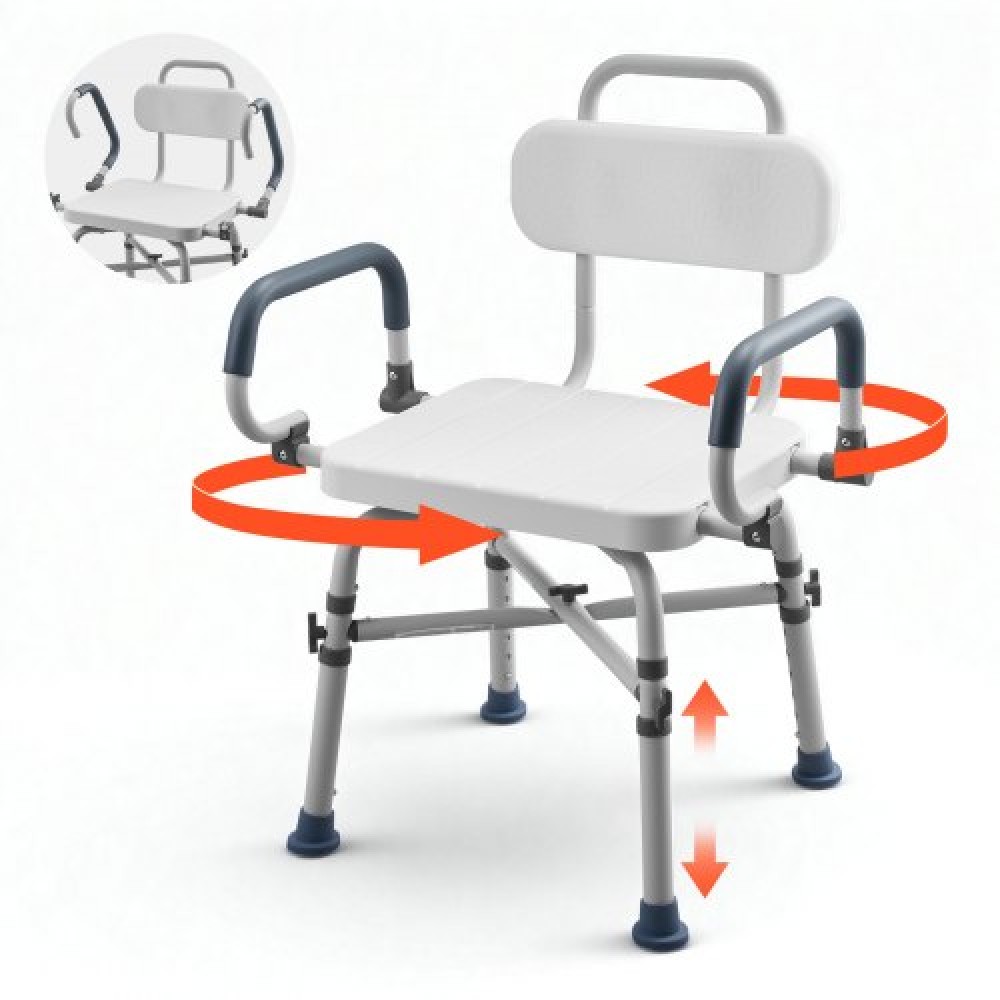 VEVOR Swivel Shower Chair with Arms and Back, 227 kg Load Heavy Duty Bench Seat for Inside Shower Stall and Bathtub, Height Adjustable Bathroom Bath Tub Seat for Adults, Seniors, Elderly and Disabled