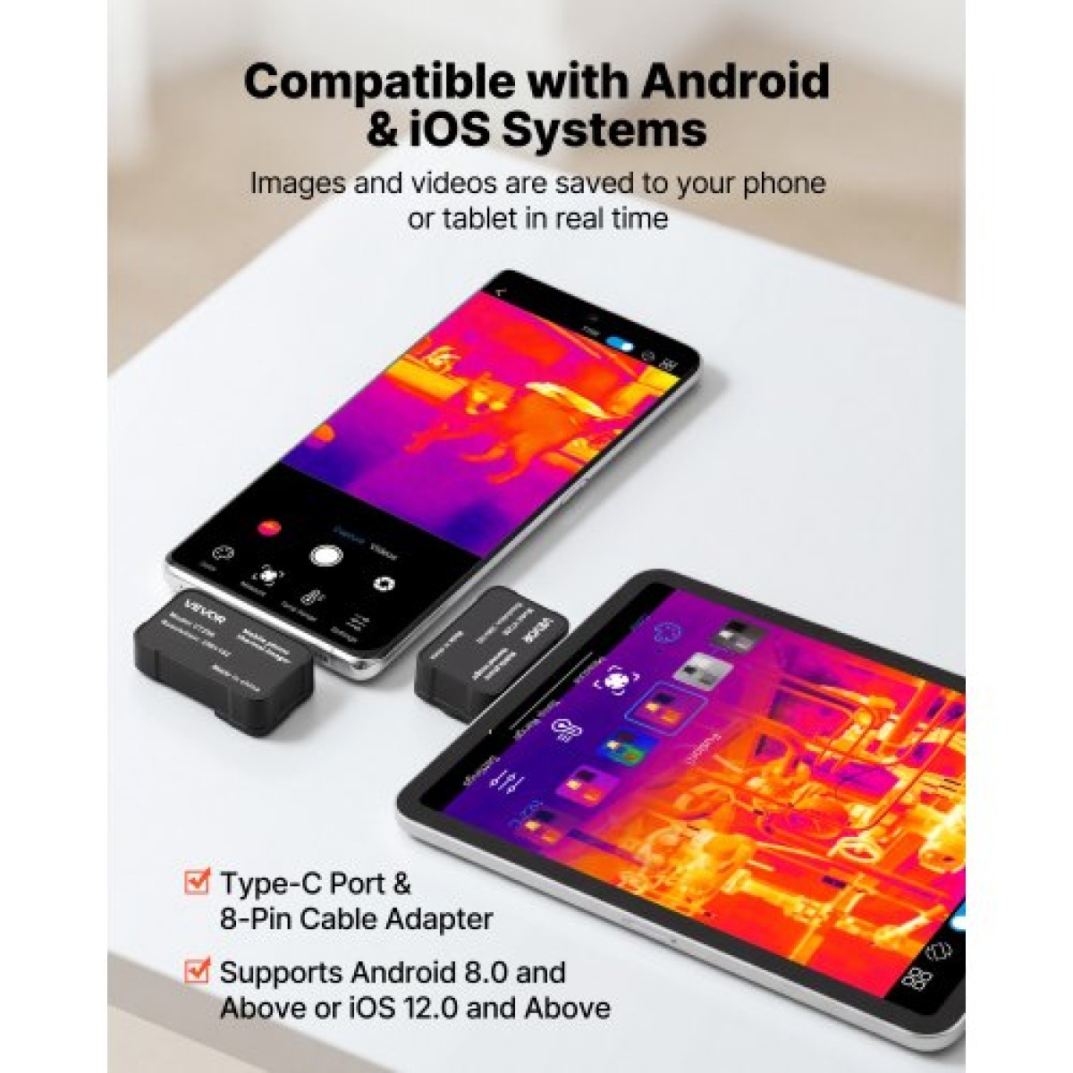 Θερμική κάμερα VEVOR για Android & iOS, 512 x 384 Super Resolution, 25 HZ Rate Refresh Rate Infrared Thermal Imager for Smartphone Tablets, 256 x 192 IR Resolution, -20°C έως 550°C & 6 Color Palettes