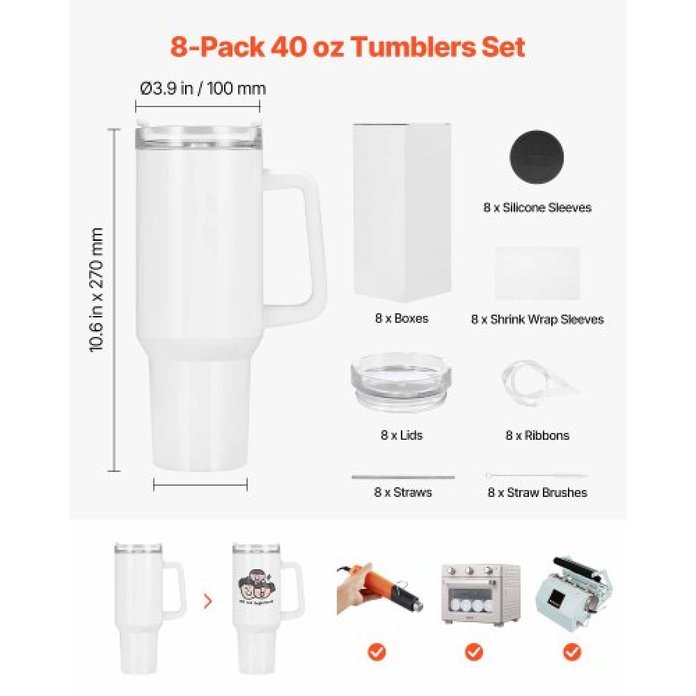 VEVOR Sublimation Tumblers, 8 Pack, 1183 mL Tumblers Bulk with Handle, Stainless Steel Sublimation Cups with Lids and Straws, Double Wall Insulated Tumbler Blank, for DIY Personalized Customization