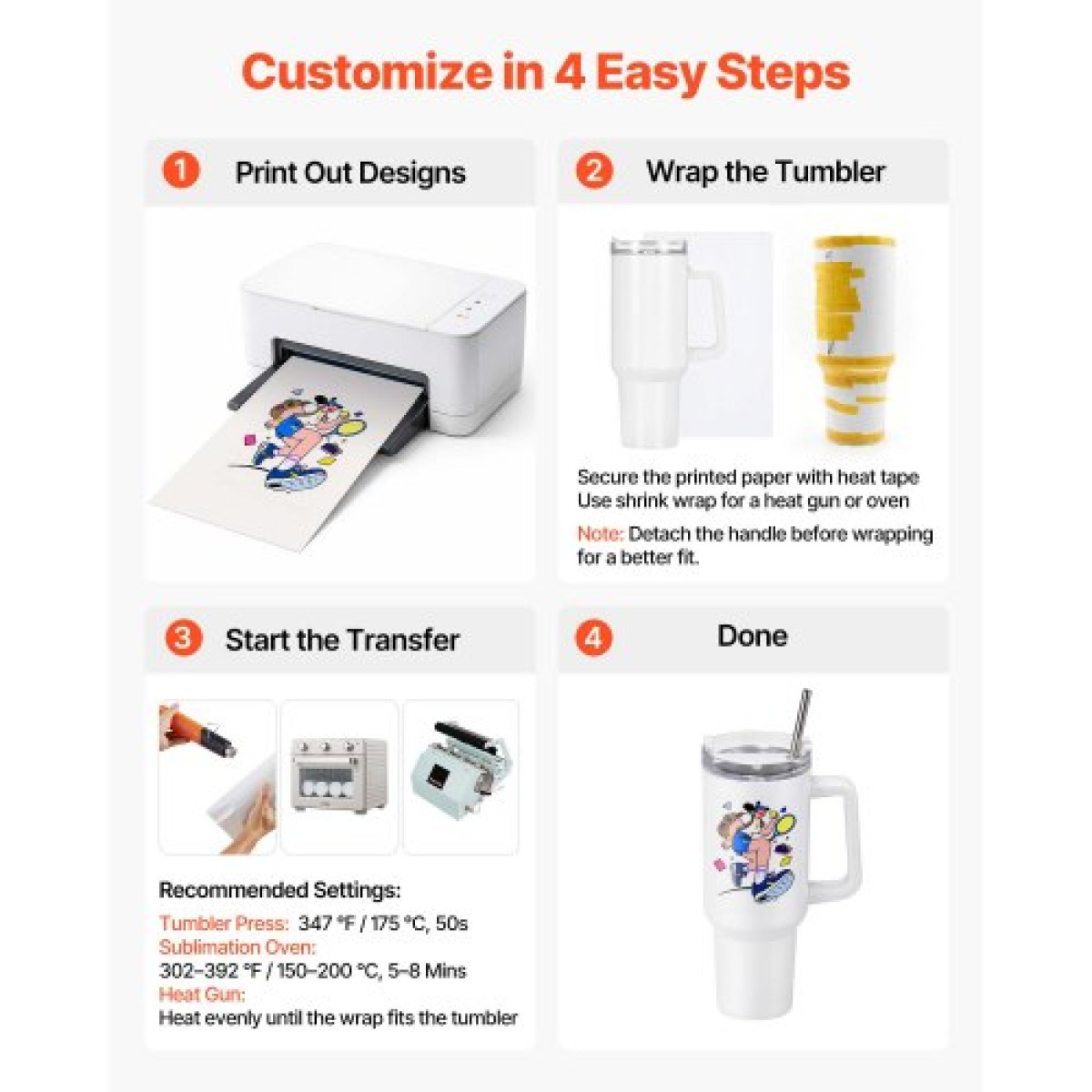 VEVOR Sublimation Tumblers, 8 Pack, 1183 mL Tumblers Bulk with Handle, Ανοξείδωτα κύπελλα εξάχνωσης με καπάκι και καλαμάκια, διπλό μονωμένο κάλυμμα ποτηριού, για εξατομικευμένη προσαρμογή DIY