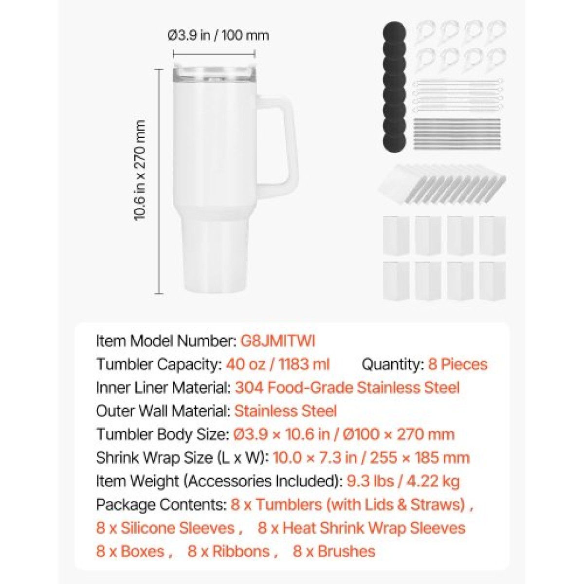 VEVOR Sublimation Tumblers, 8 Pack, 1183 mL Tumblers Bulk with Handle, Ανοξείδωτα κύπελλα εξάχνωσης με καπάκι και καλαμάκια, διπλό μονωμένο κάλυμμα ποτηριού, για εξατομικευμένη προσαρμογή DIY