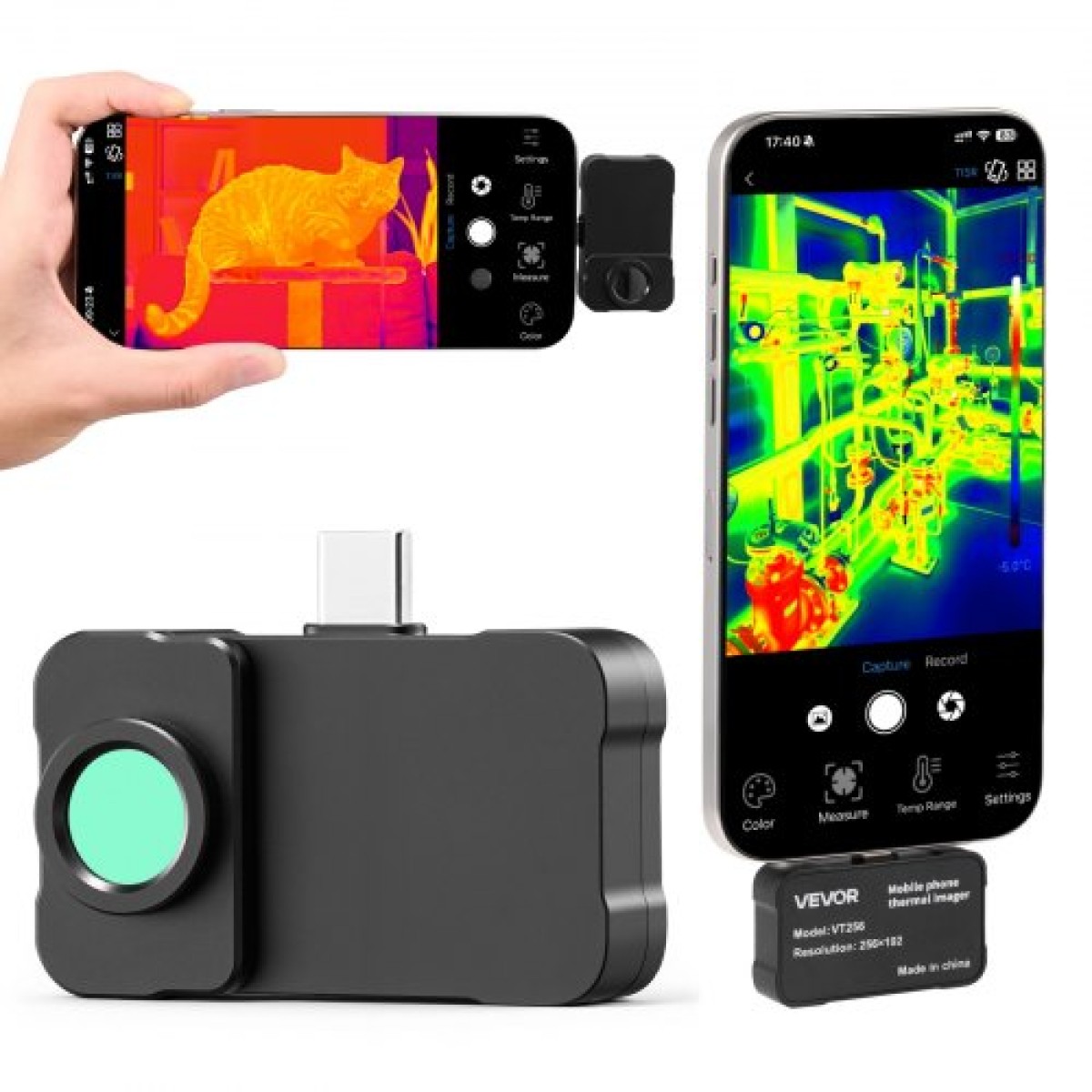 Κάμερα θερμικής απεικόνισης VEVOR για Android & iOS, 512 x 384 σούπερ ανάλυση με φακό Macro, Υπέρυθρη θερμική εικόνα 25 HZ Rate Refresh Rate για tablet Smartphone, Ανάλυση IR 256 x 192, -20°C έως 550°C