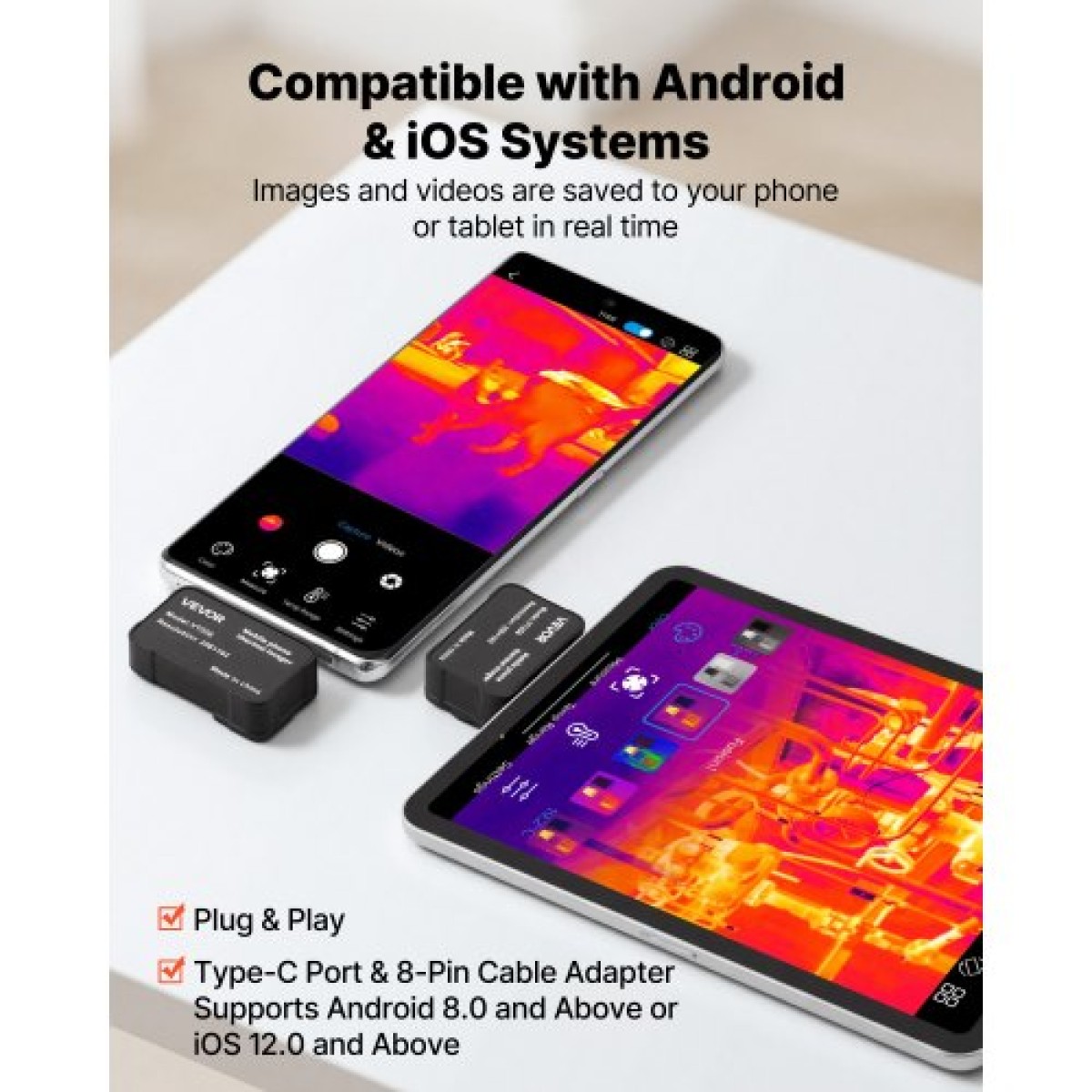 Κάμερα θερμικής απεικόνισης VEVOR για Android & iOS, 512 x 384 σούπερ ανάλυση με φακό Macro, Υπέρυθρη θερμική εικόνα 25 HZ Rate Refresh Rate για tablet Smartphone, Ανάλυση IR 256 x 192, -20°C έως 550°C